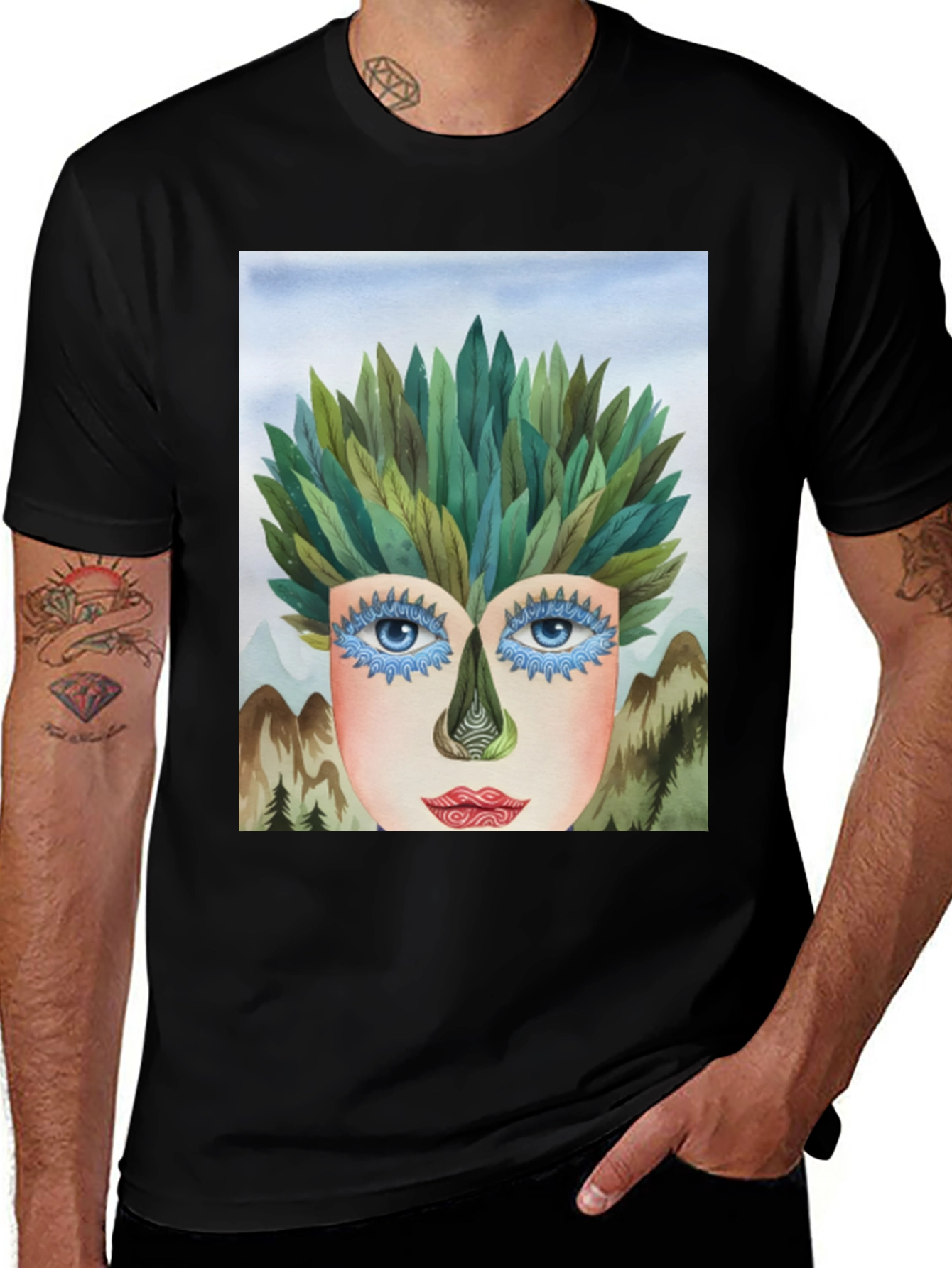 Variant 29 of Nature Spirit Graphic T-Shirt - Artistic Forest Face Tee