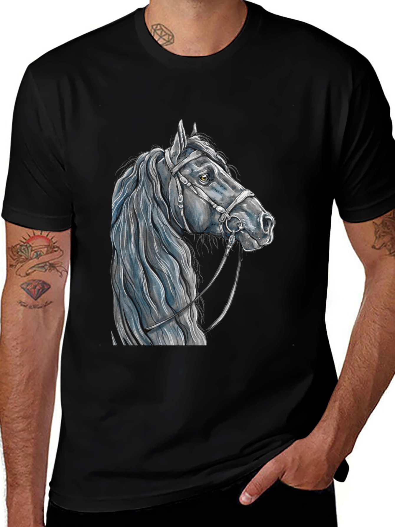 Variant 19 of Horse Head Graphic Tee - Black Cotton T-Shirt