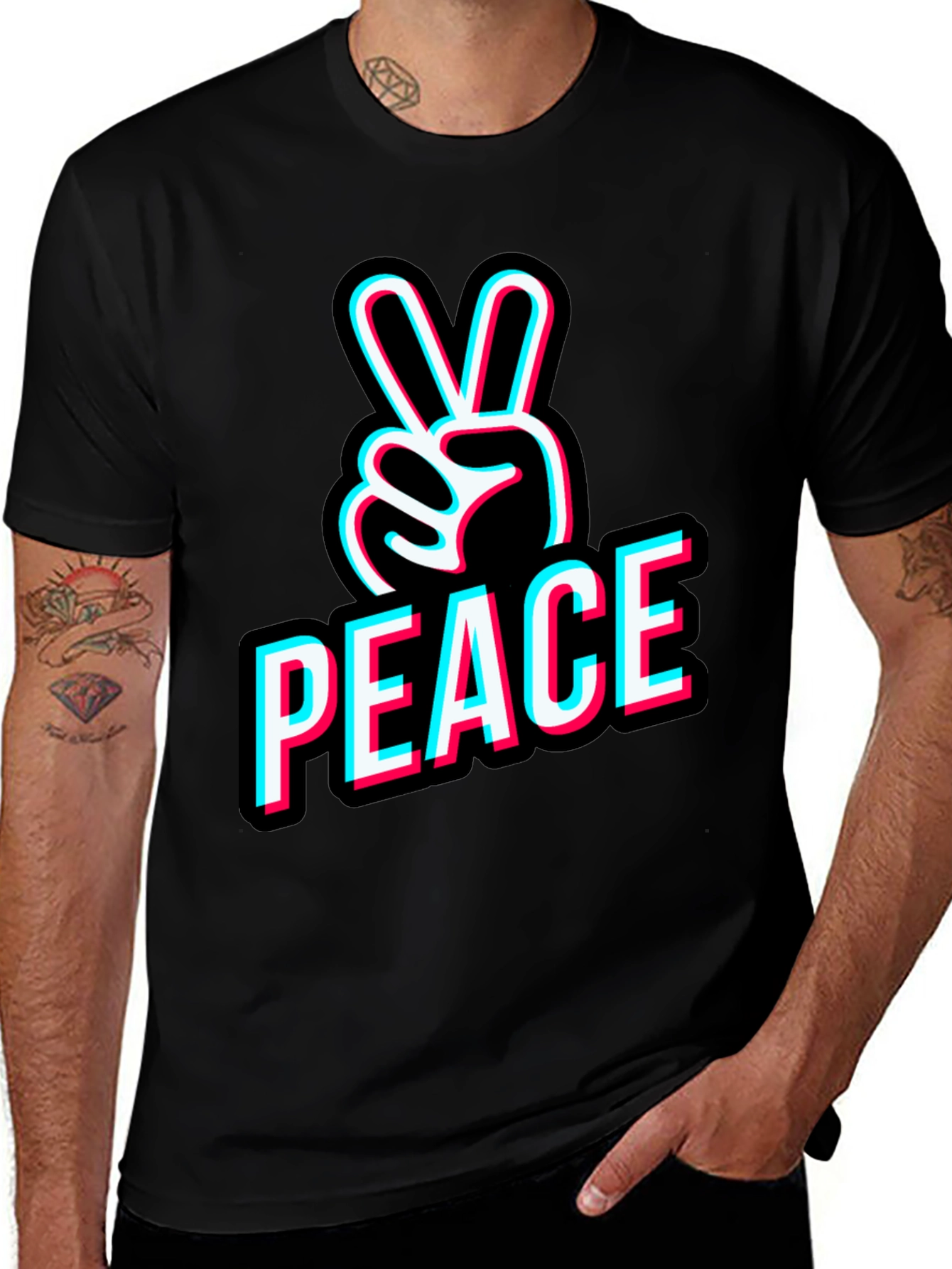 Variant 16 of Peace Sign Graphic T-Shirt - Black Cotton Blend
