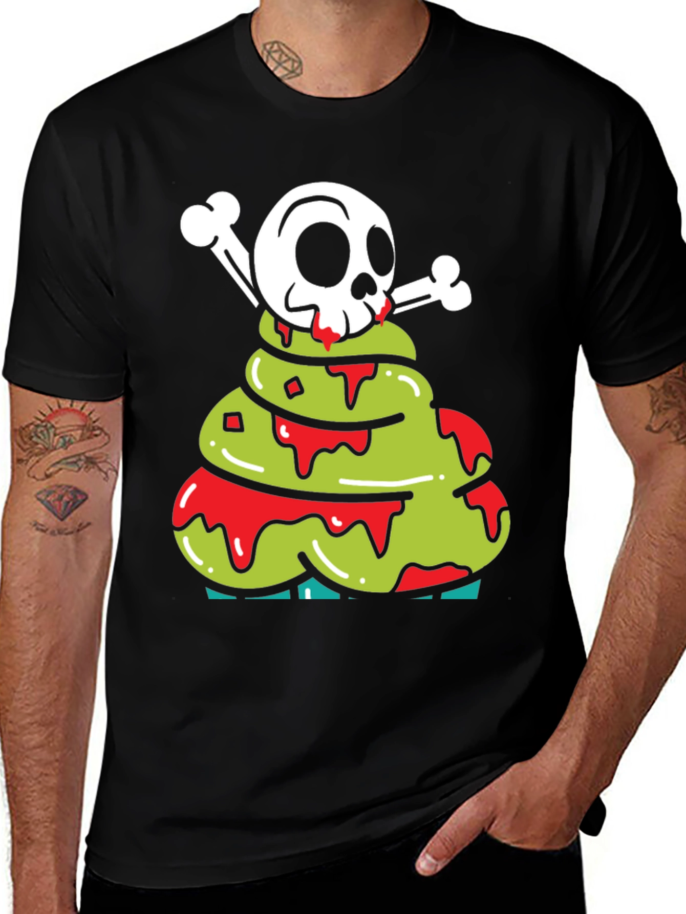 Variant 27 of Skull & Bones Green Slime Drip Black T-Shirt