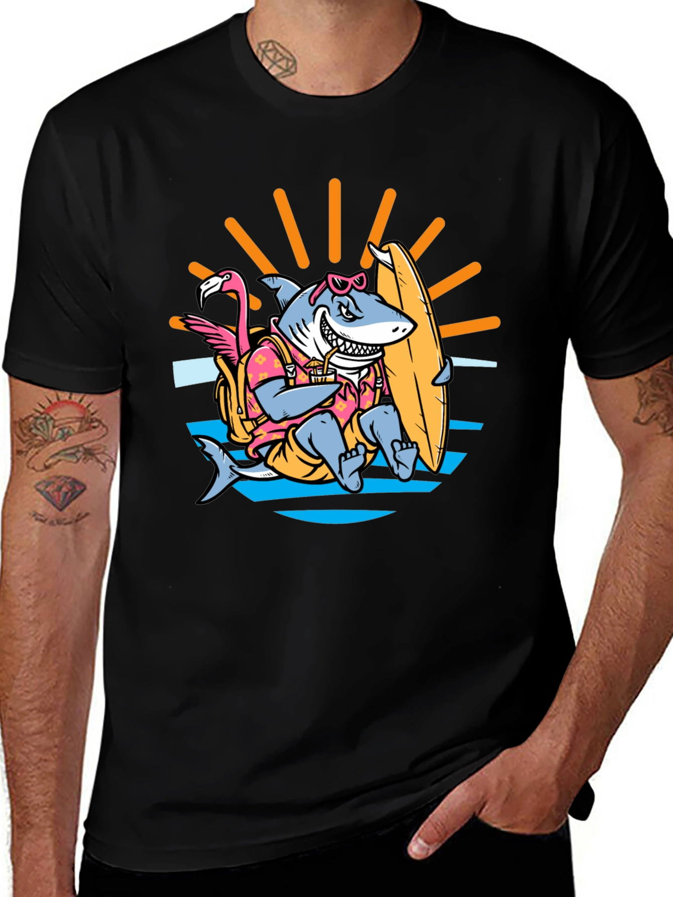 Black Surfing Shark T-Shirt - Summer Vibes main image