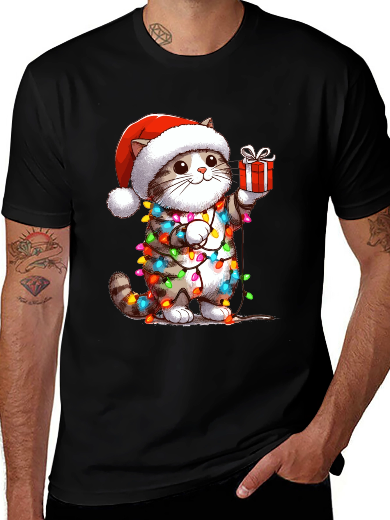 Christmas Cat T-Shirt with Holiday Lights & Gift
