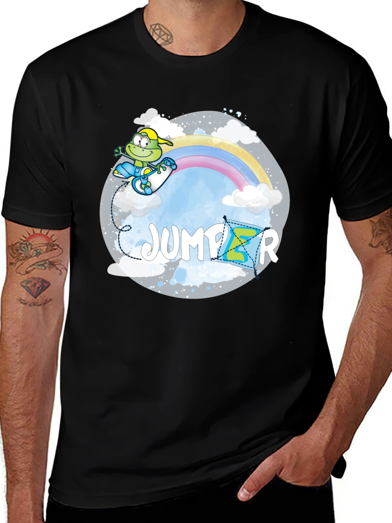 Whimsical 'Jumper' Graphic Tee - Rainbow Frog Skateboard