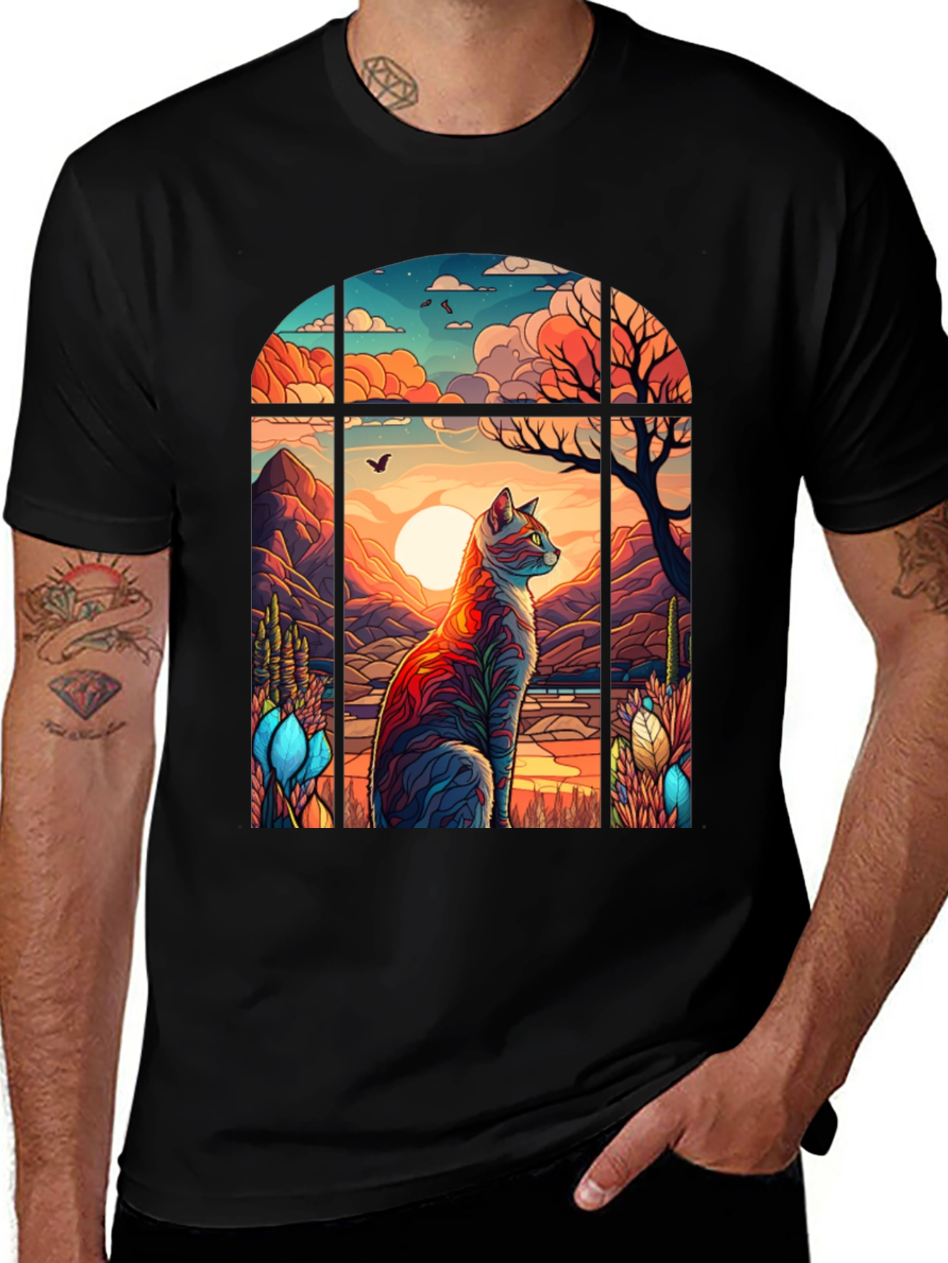 Variant 23 of Cat in Window Black T-Shirt - Artistic Design