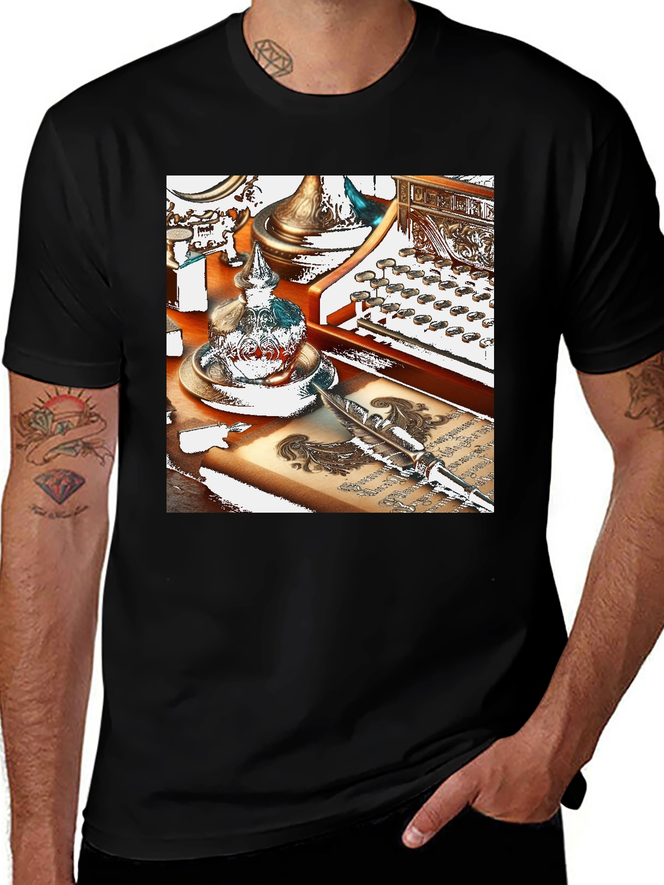 Vintage Writer T-Shirt - Inkwell, Pen & Typewriter Design