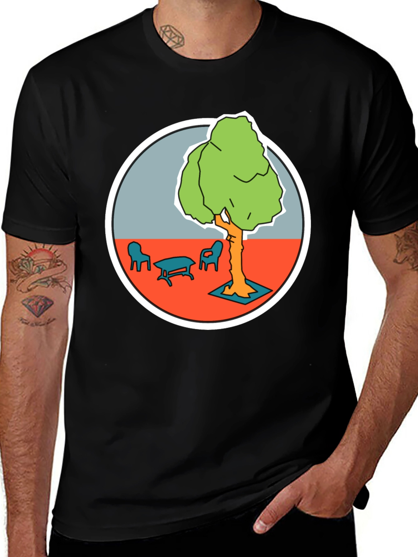 Black Black T-Shirt with Cartoon Tree Print main image
