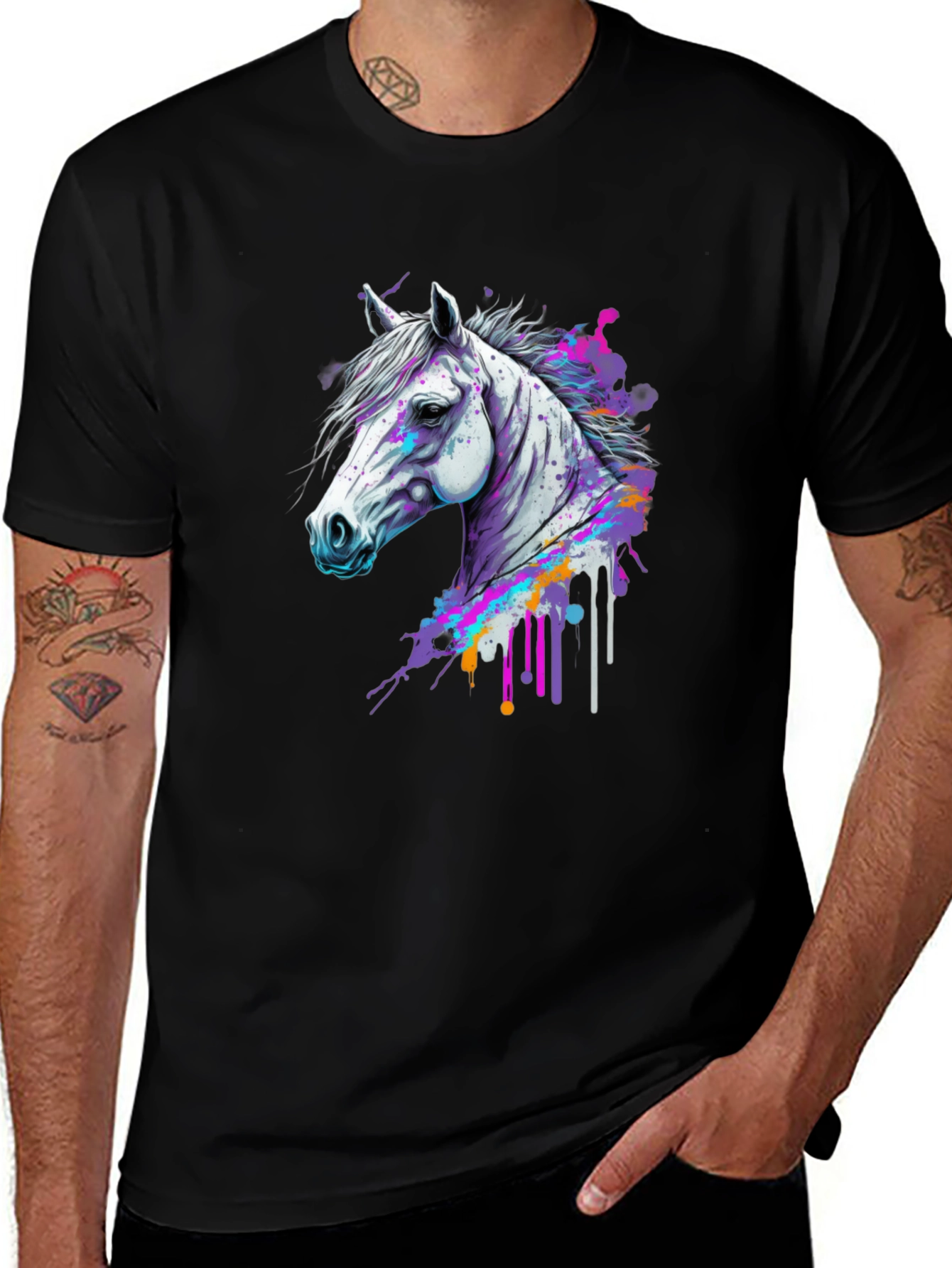 Horse Head Graphic Tee - Colorful Paint Splatter Design