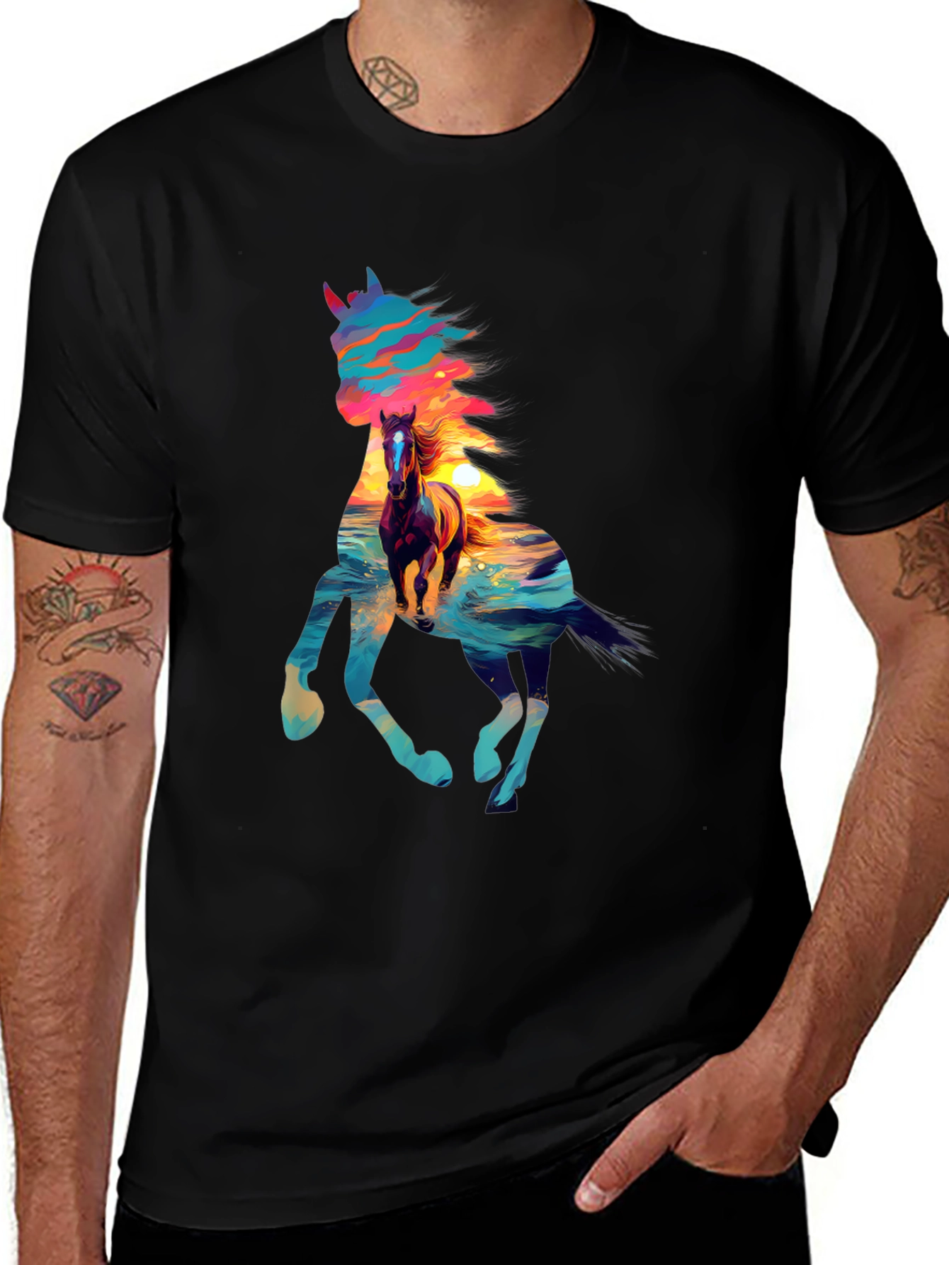 Horse Sunset Graphic Tee - Stylish Men's Black T-Shirt