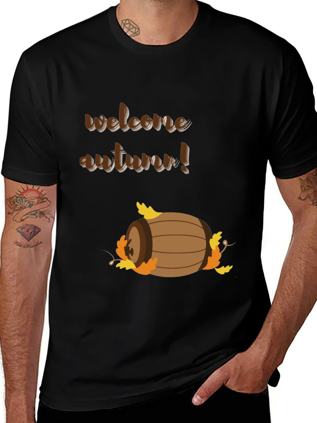 Variant 4 of Welcome Autumn T-Shirt - Barrel & Leaves Design