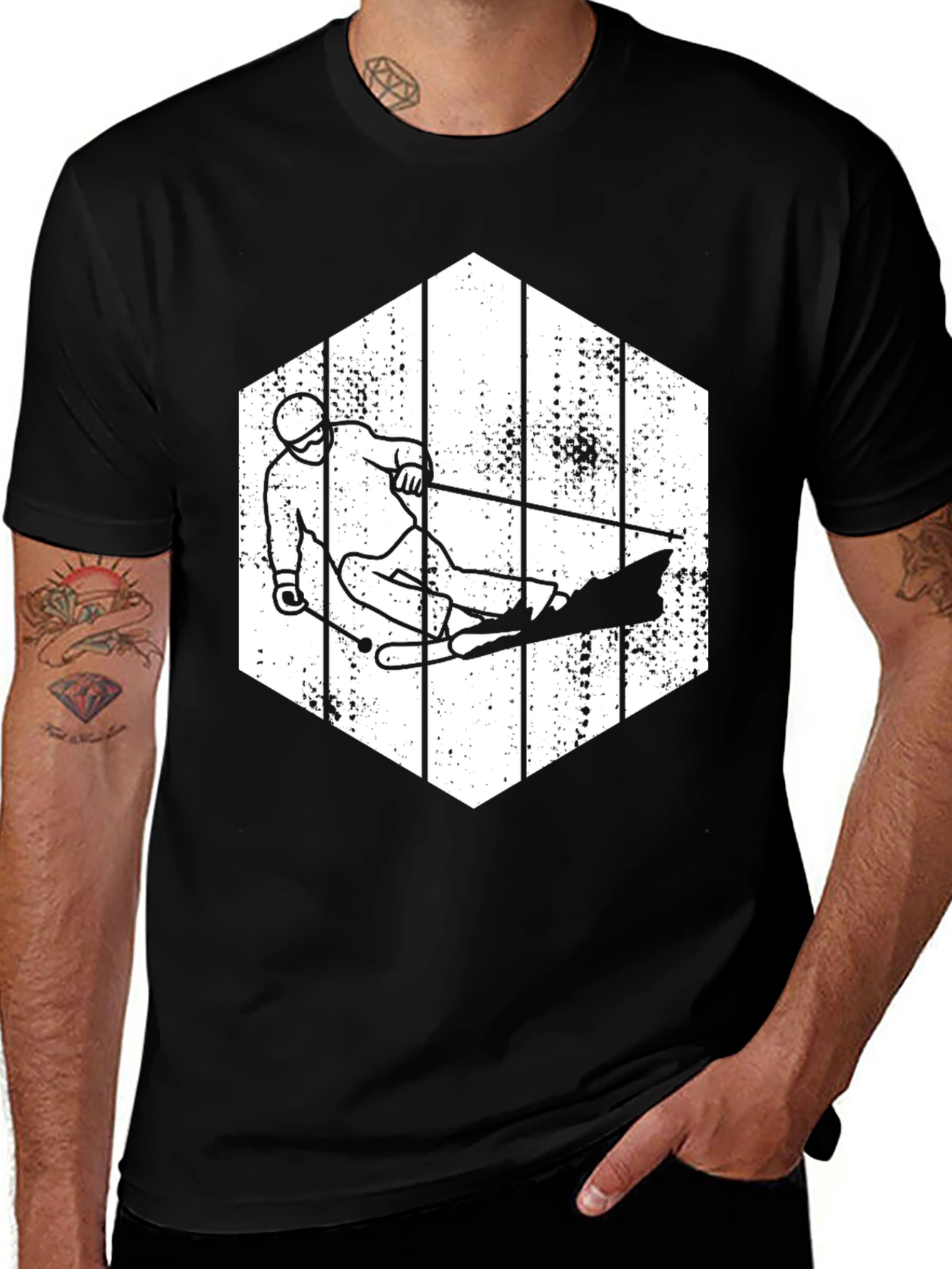 Skiing T-Shirt, Hexagon Design, Black Cotton Tee