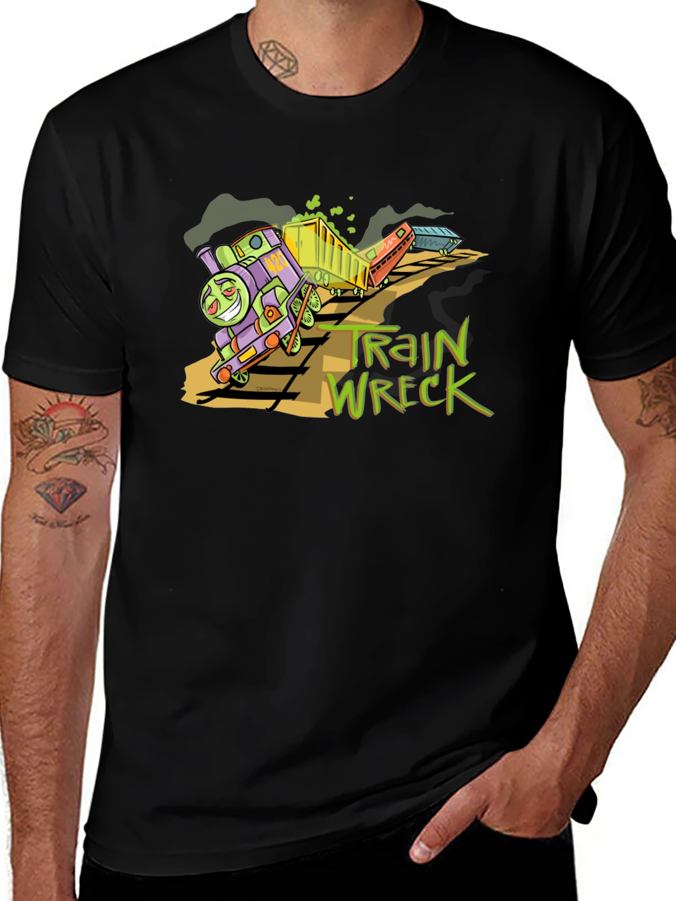 Variant 5 of Train Wreck Graphic Tee -  Black Cotton Shirt
