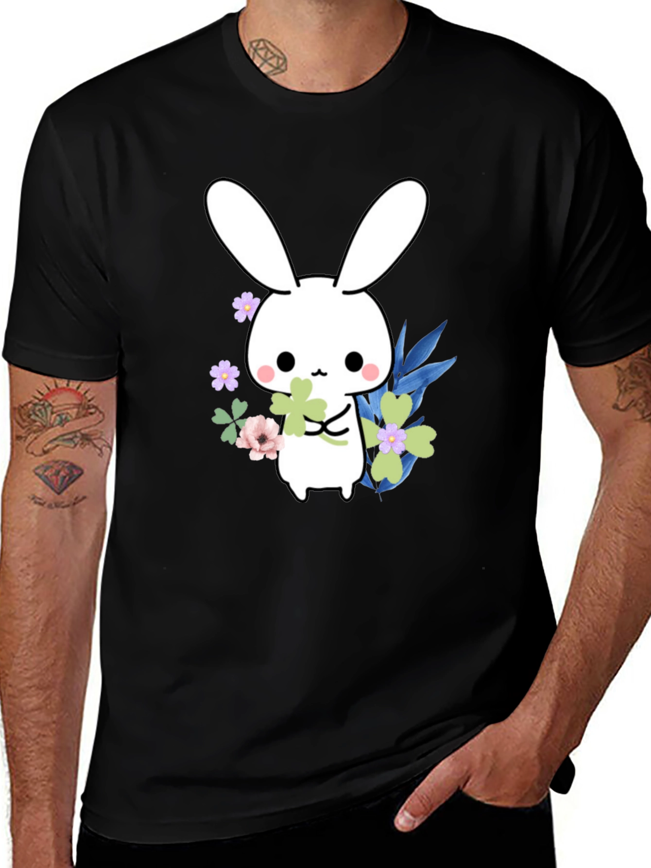 Variant 25 of Cute Bunny Graphic Tee - Black Cotton T-Shirt