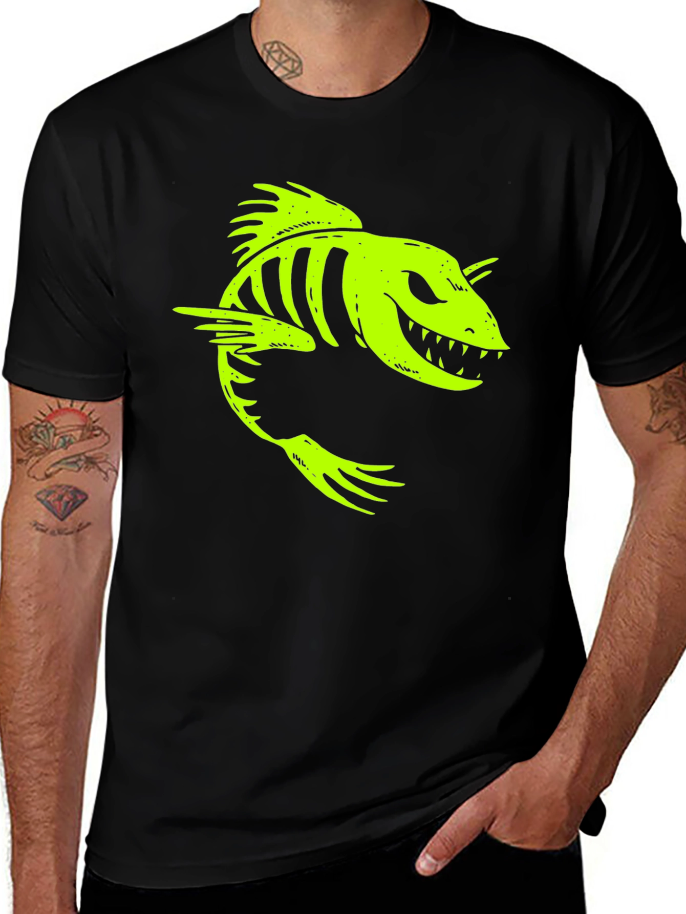 Variant 21 of Neon Fish Skeleton Graphic Tee - Black Cotton Shirt
