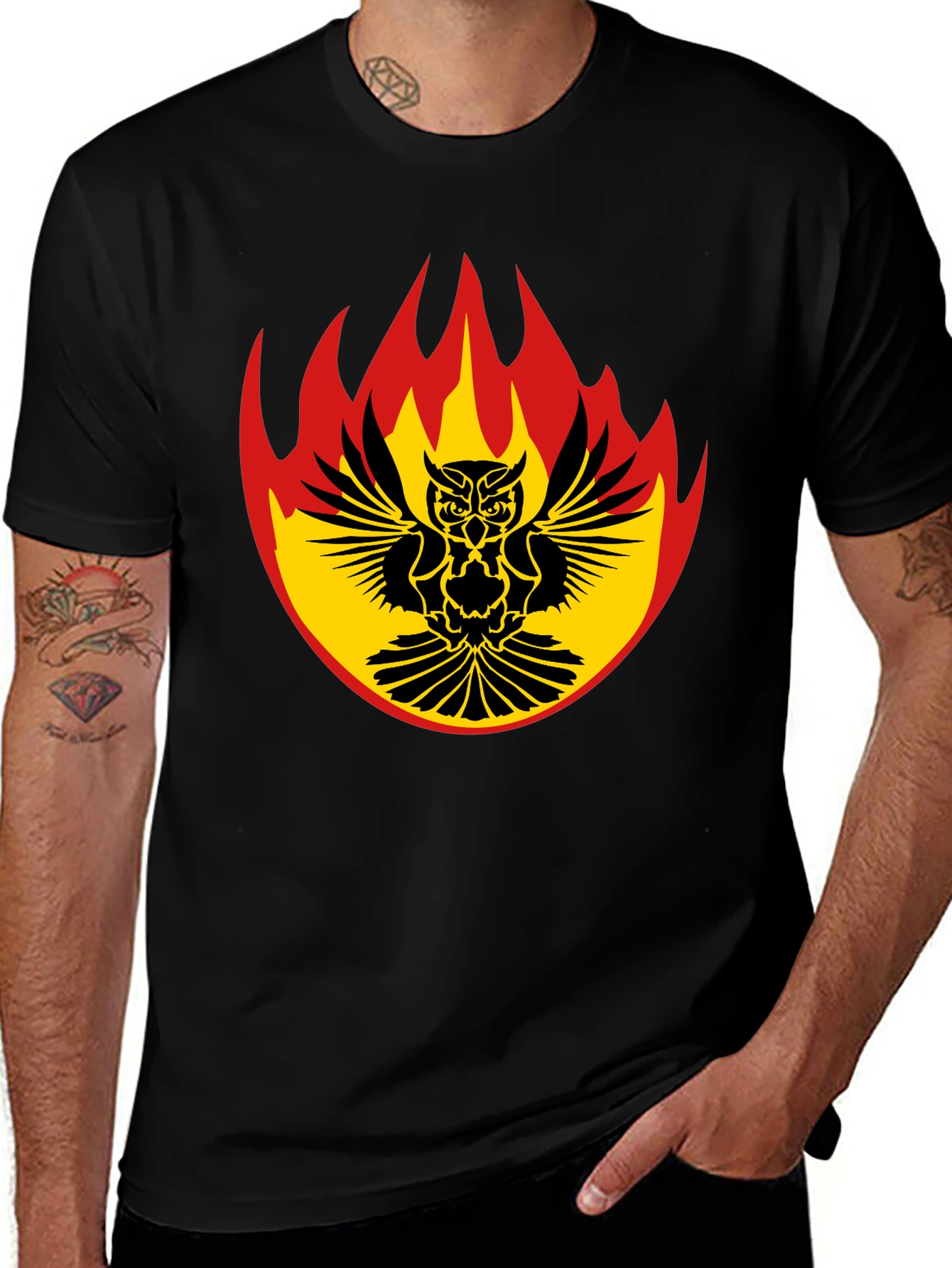 Variant 24 of Fiery Owl Graphic Tee - Black Cotton Shirt