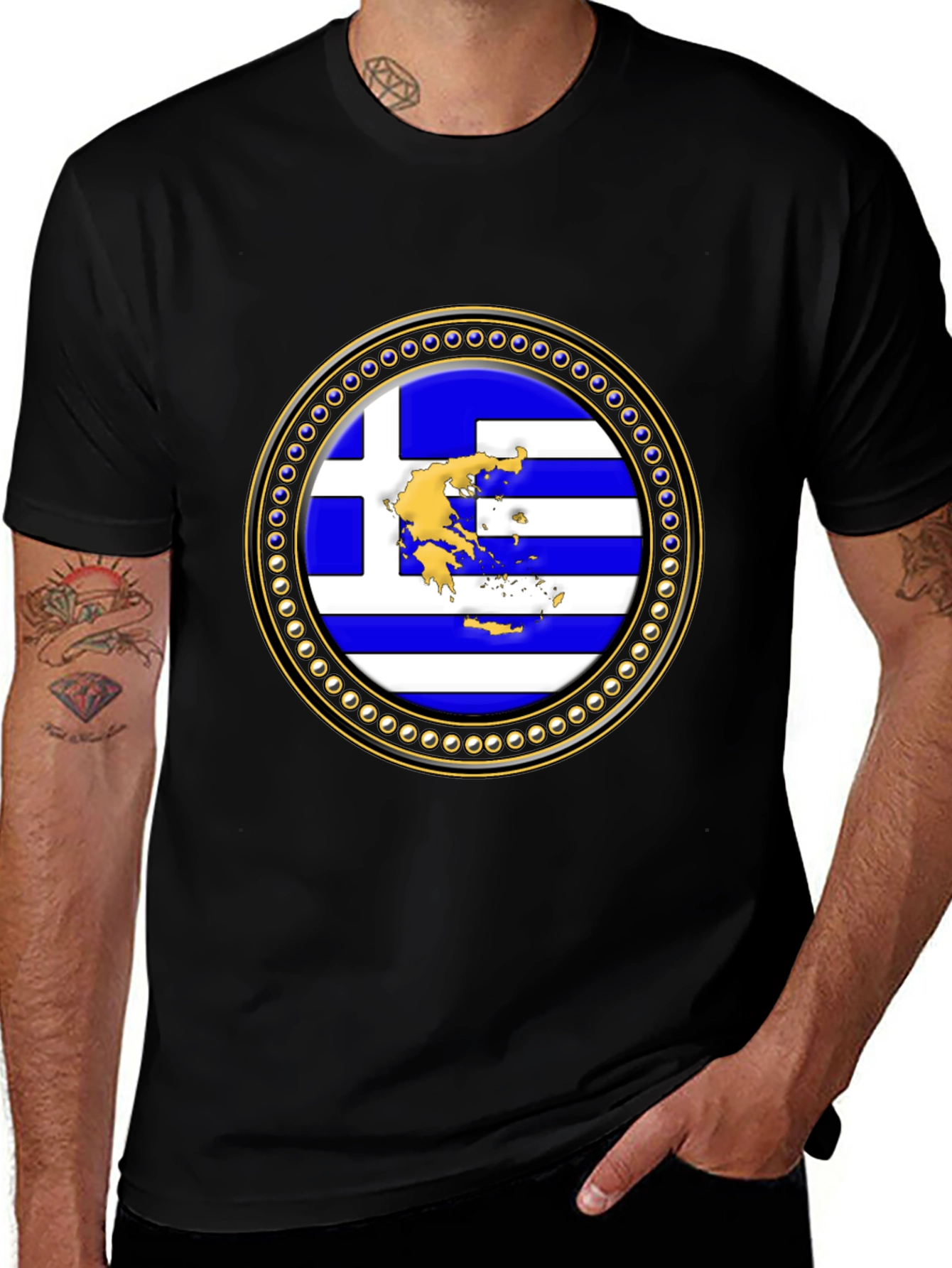 Greece Flag Emblem Black T-Shirt