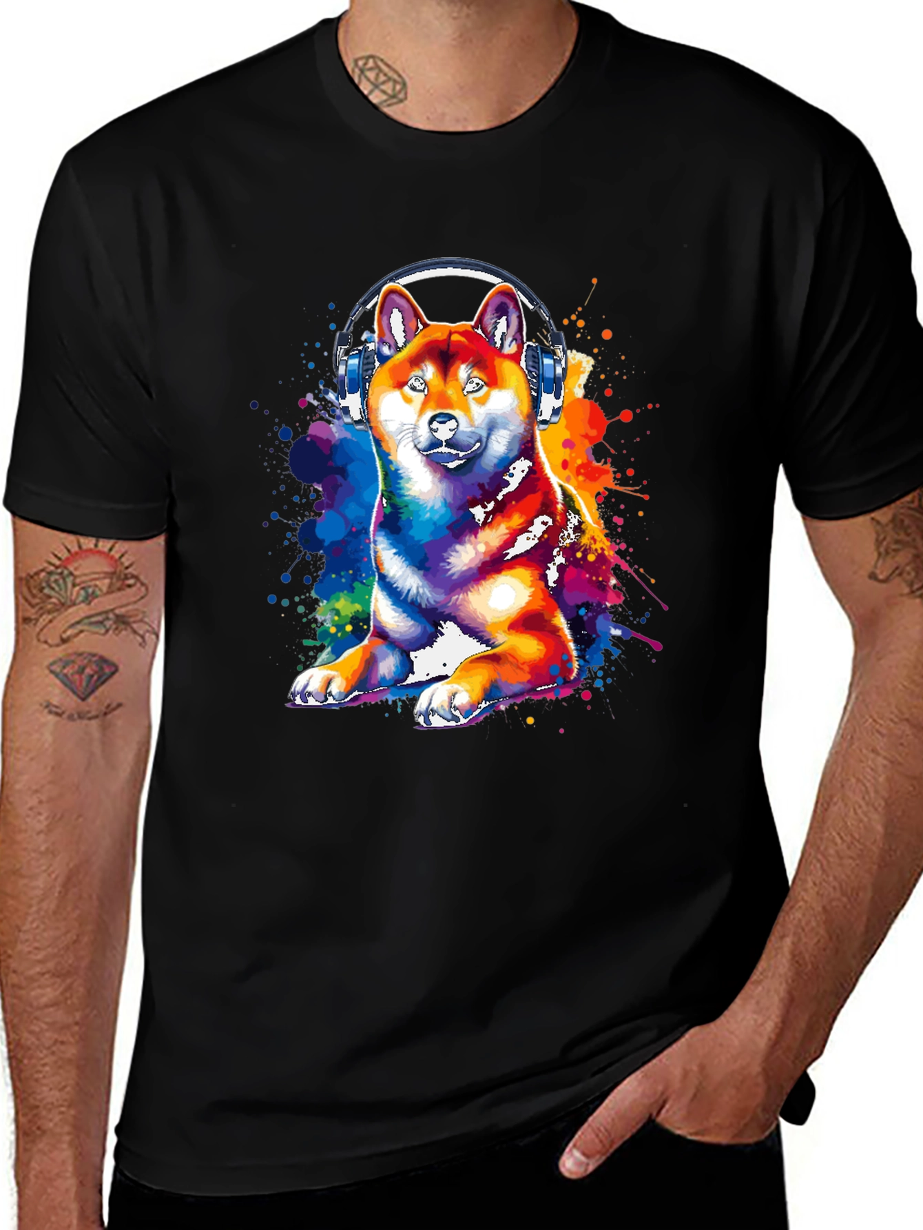 Variant 27 of Dog with Headphones Graphic Tee - Black
