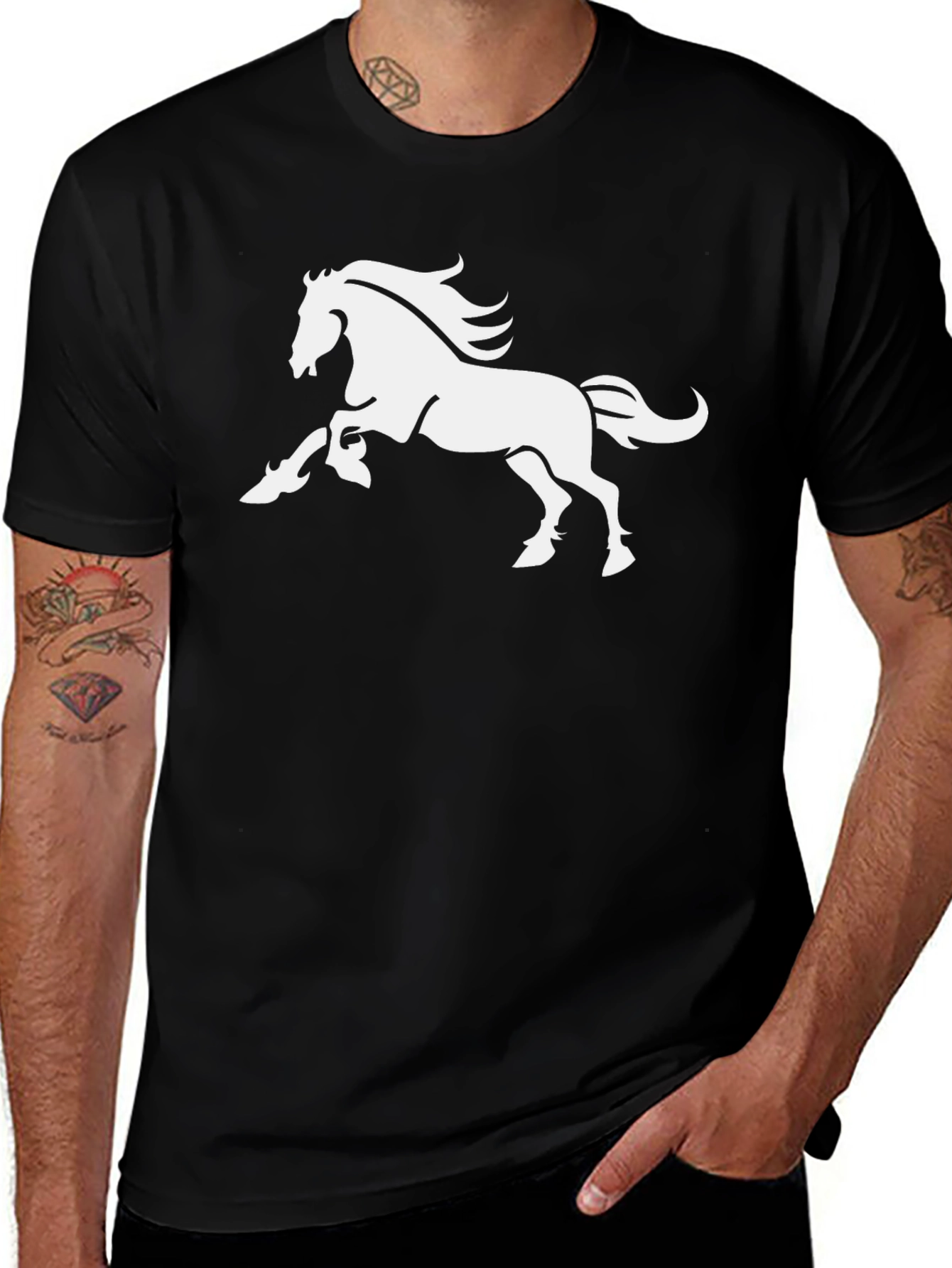 Variant 17 of Bold Black Tee with Majestic White Horse Graphic