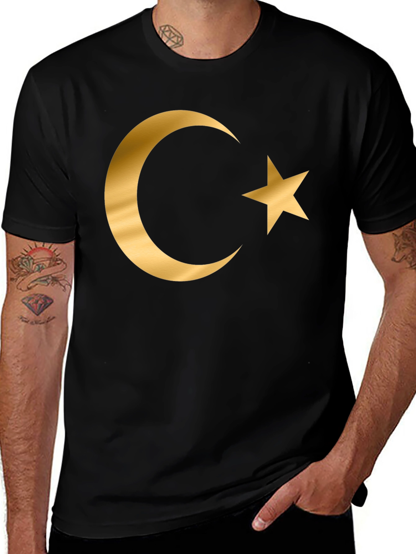 Variant 6 of Crescent Moon Star Graphic T-Shirt - Gold Print Design
