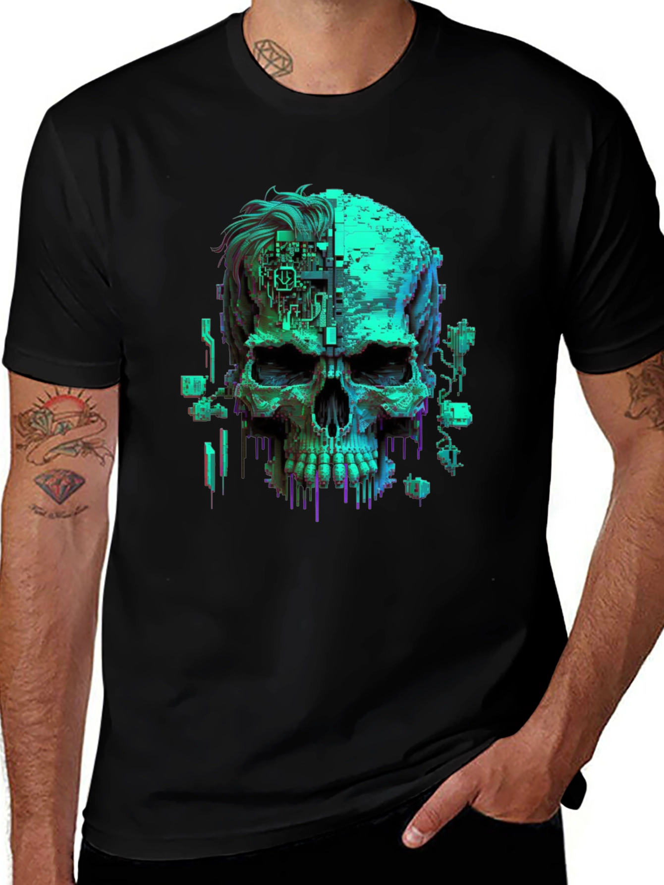 Variant 16 of Cyberpunk Skull Graphic Tee - Black Cotton T-Shirt