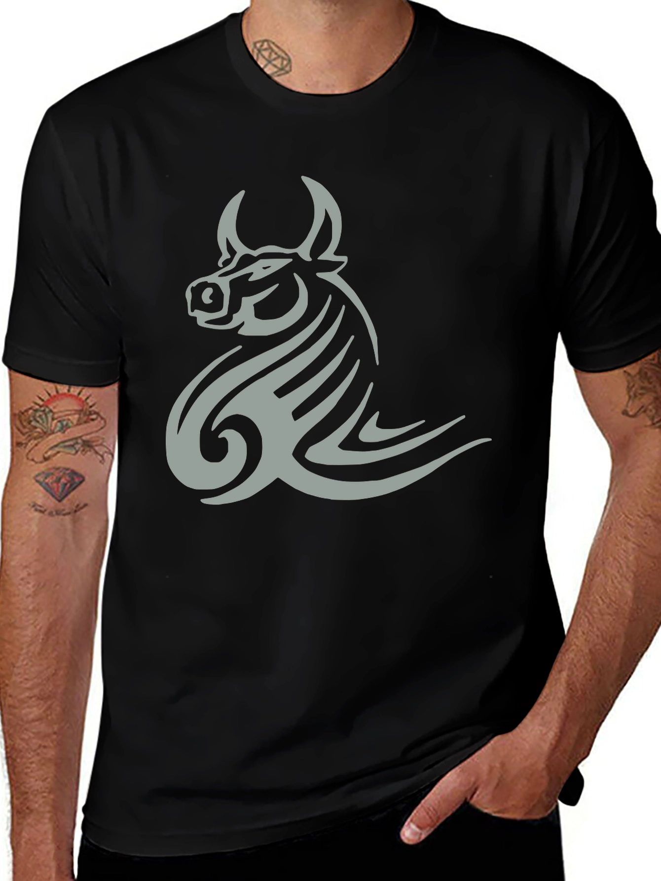 Bull Tribal Tattoo Graphic Black T-Shirt