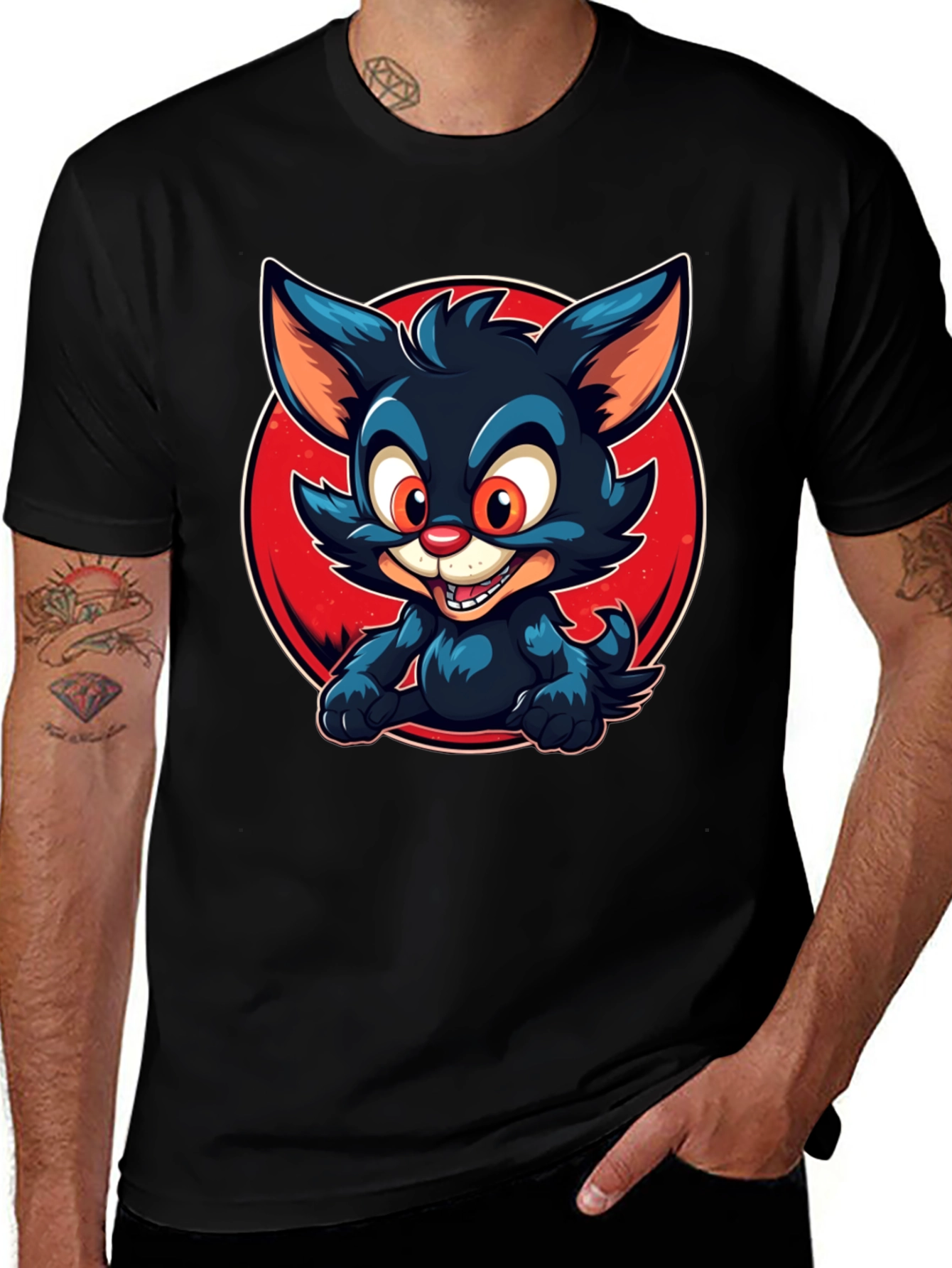 Variant 28 of Cartoon Cat Graphic T-Shirt - Black
