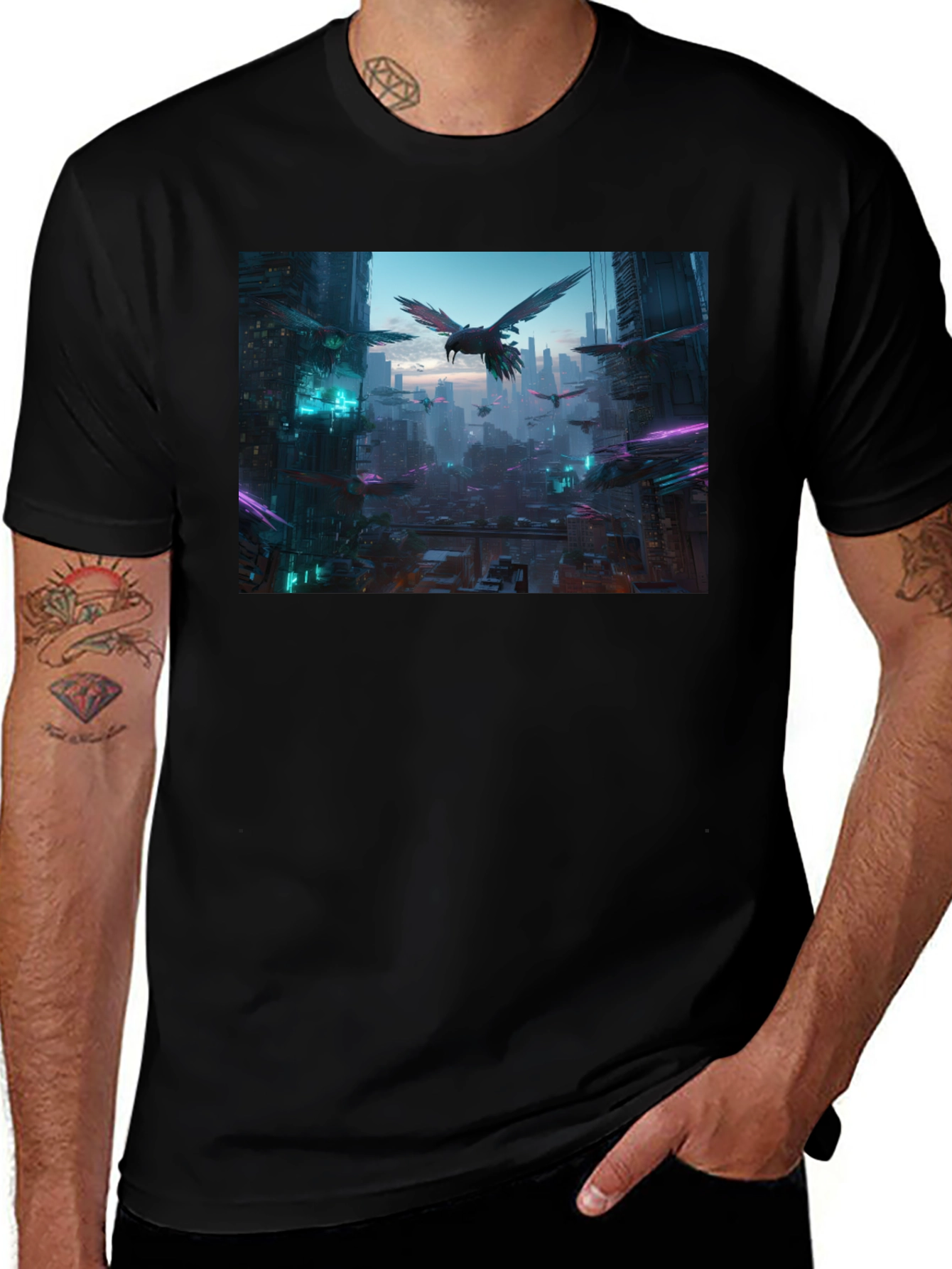 Variant 14 of Cyberpunk Cityscape Raven Graphic Tee