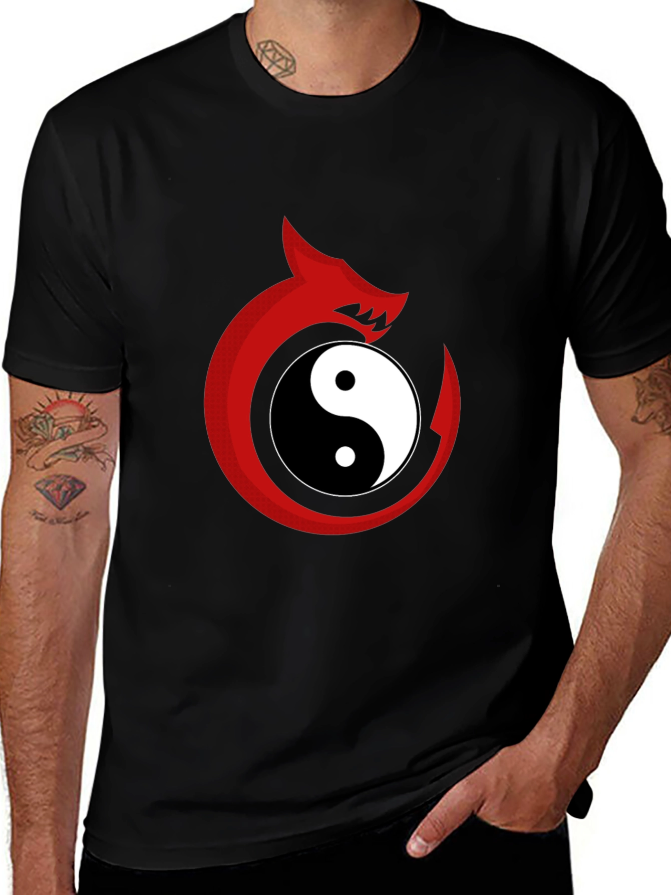 Variant 28 of Yin Yang Dragon Graphic Tee - Black Cotton Blend