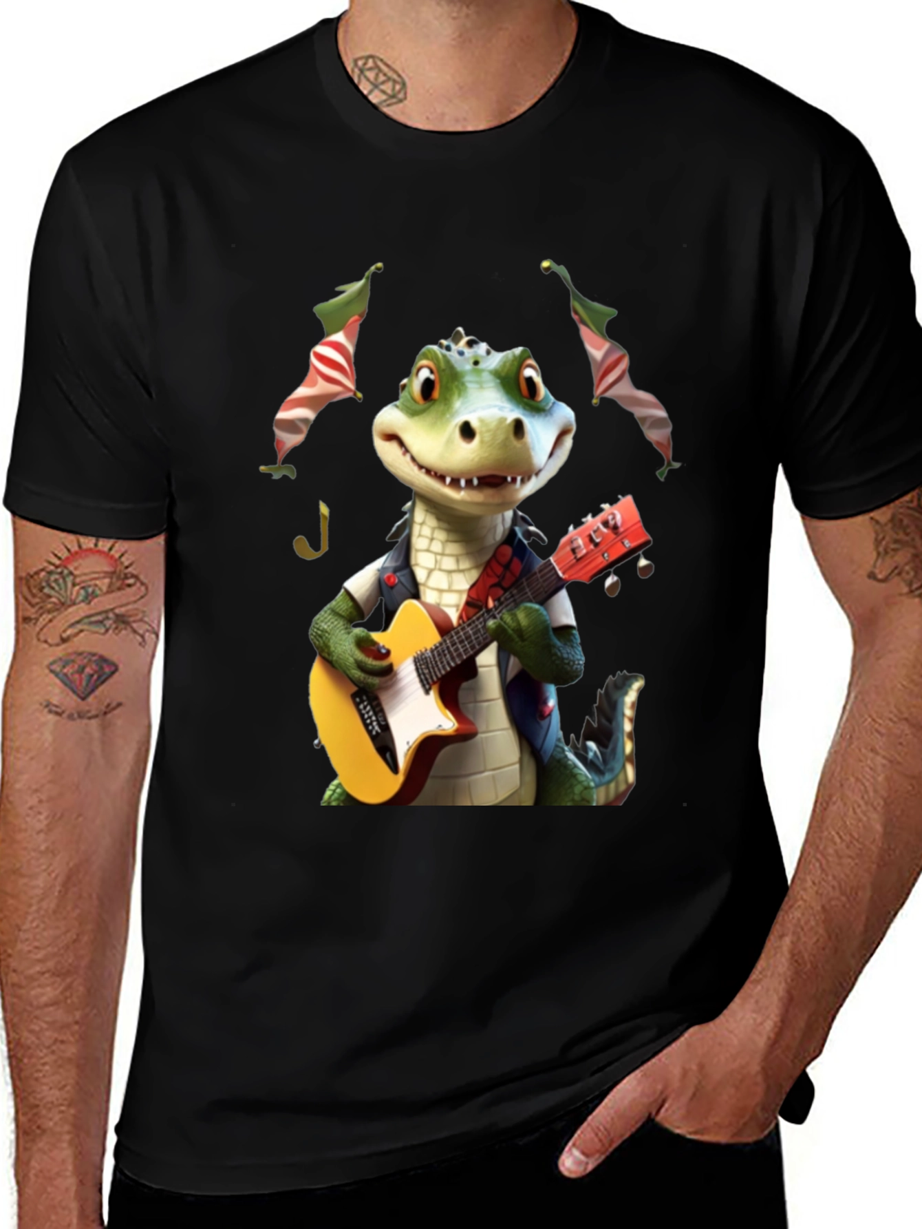 Black Alligator Guitar Player Graphic Tee main image