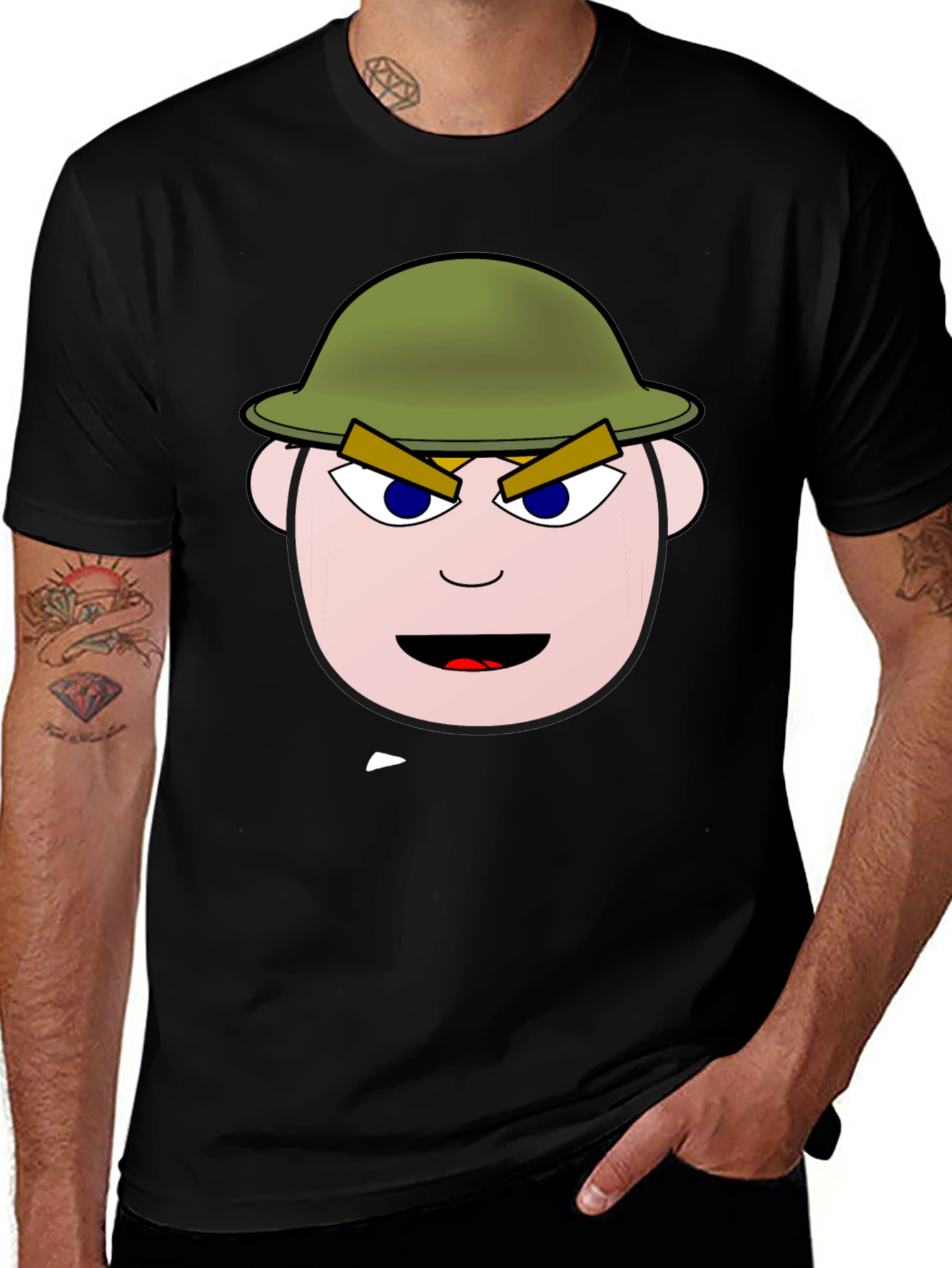 Variant 19 of Cartoon Soldier Graphic Tee - Black Cotton Blend Shirt