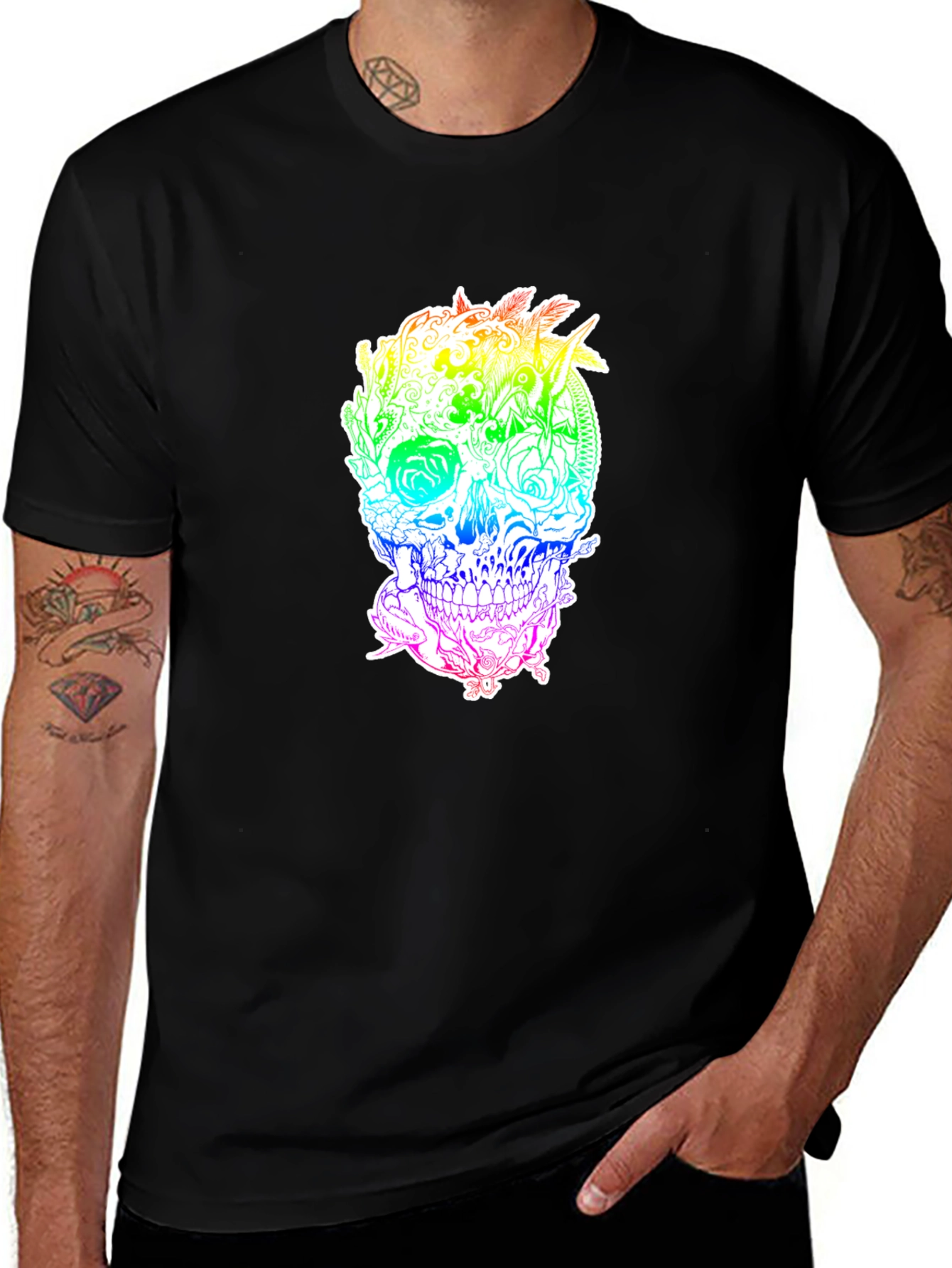 Black Rainbow Floral Skull Graphic Tee main image