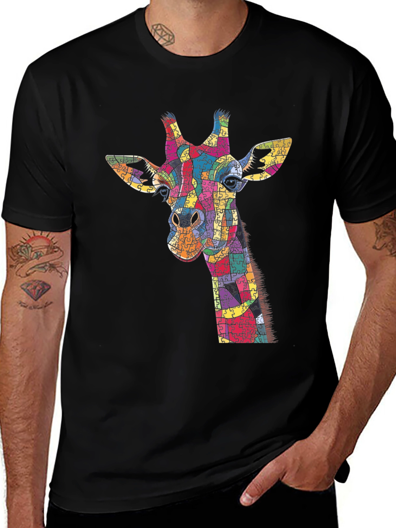 Variant 12 of Giraffe Puzzle Piece Graphic Black T-Shirt