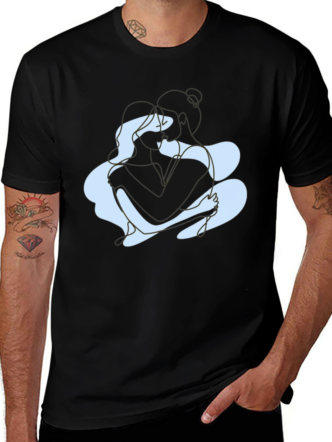 Variant 11 of Abstract Couple Embrace Graphic Tee - Black