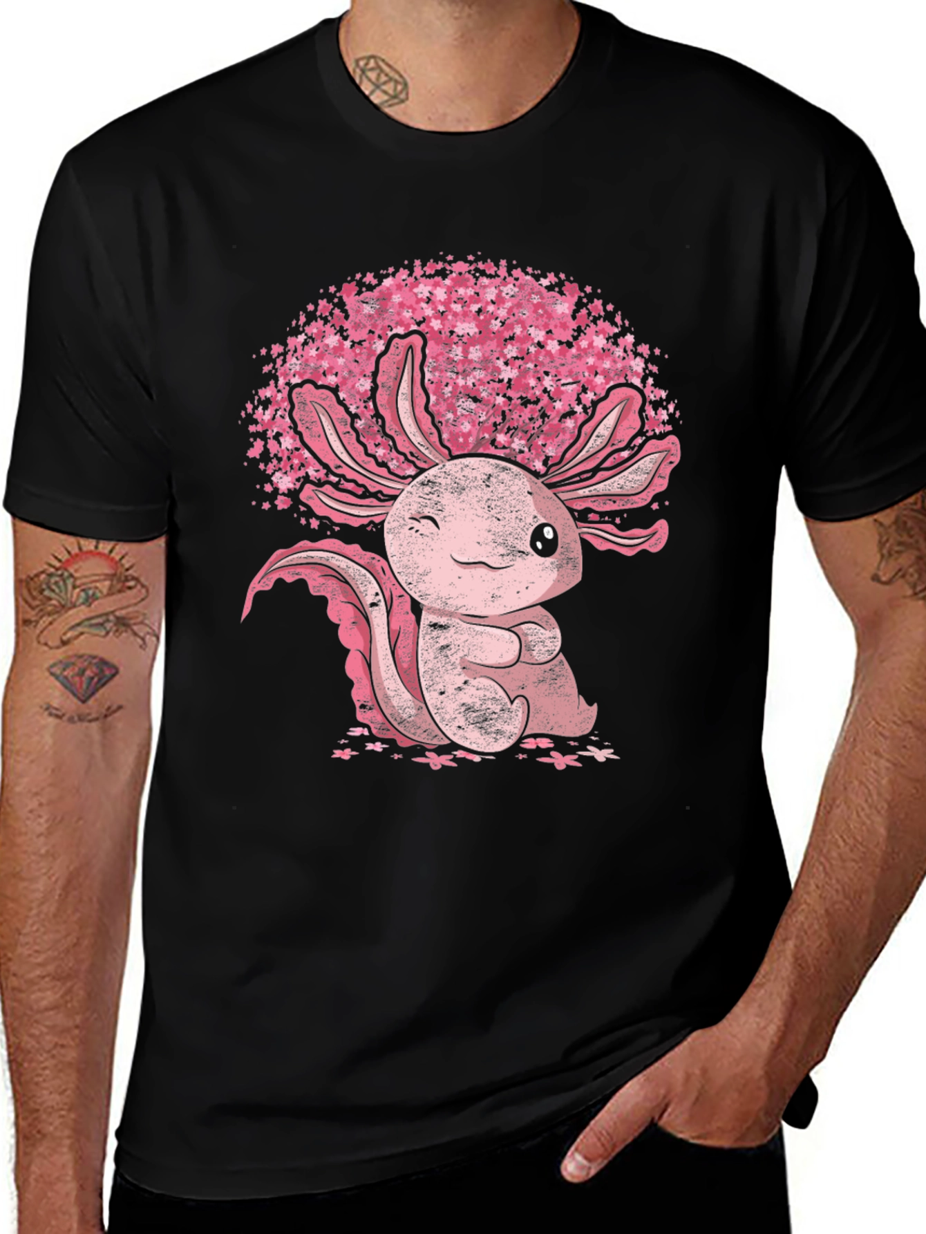 Variant 19 of Axolotl Sakura Black T-Shirt - Cute Amphibian Tee