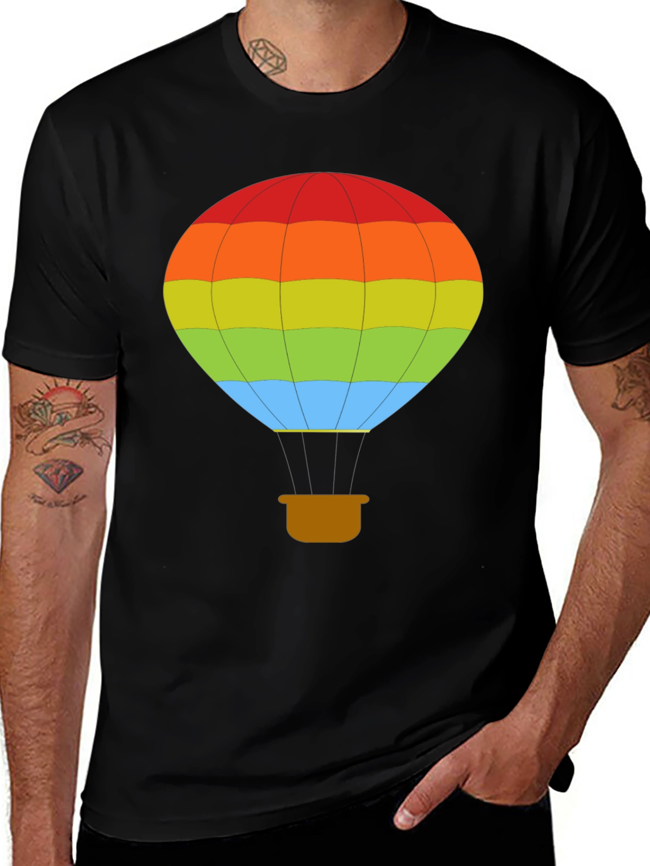 Variant 29 of Rainbow Hot Air Balloon Graphic Tee - Casual Black T-Shirt