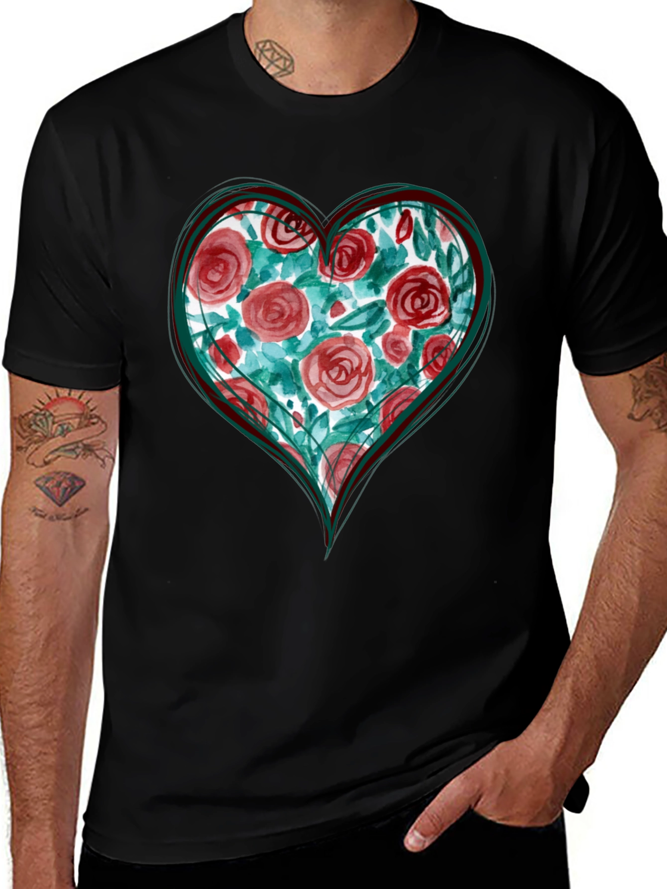 Variant 2 of Floral Heart Graphic Black T-Shirt