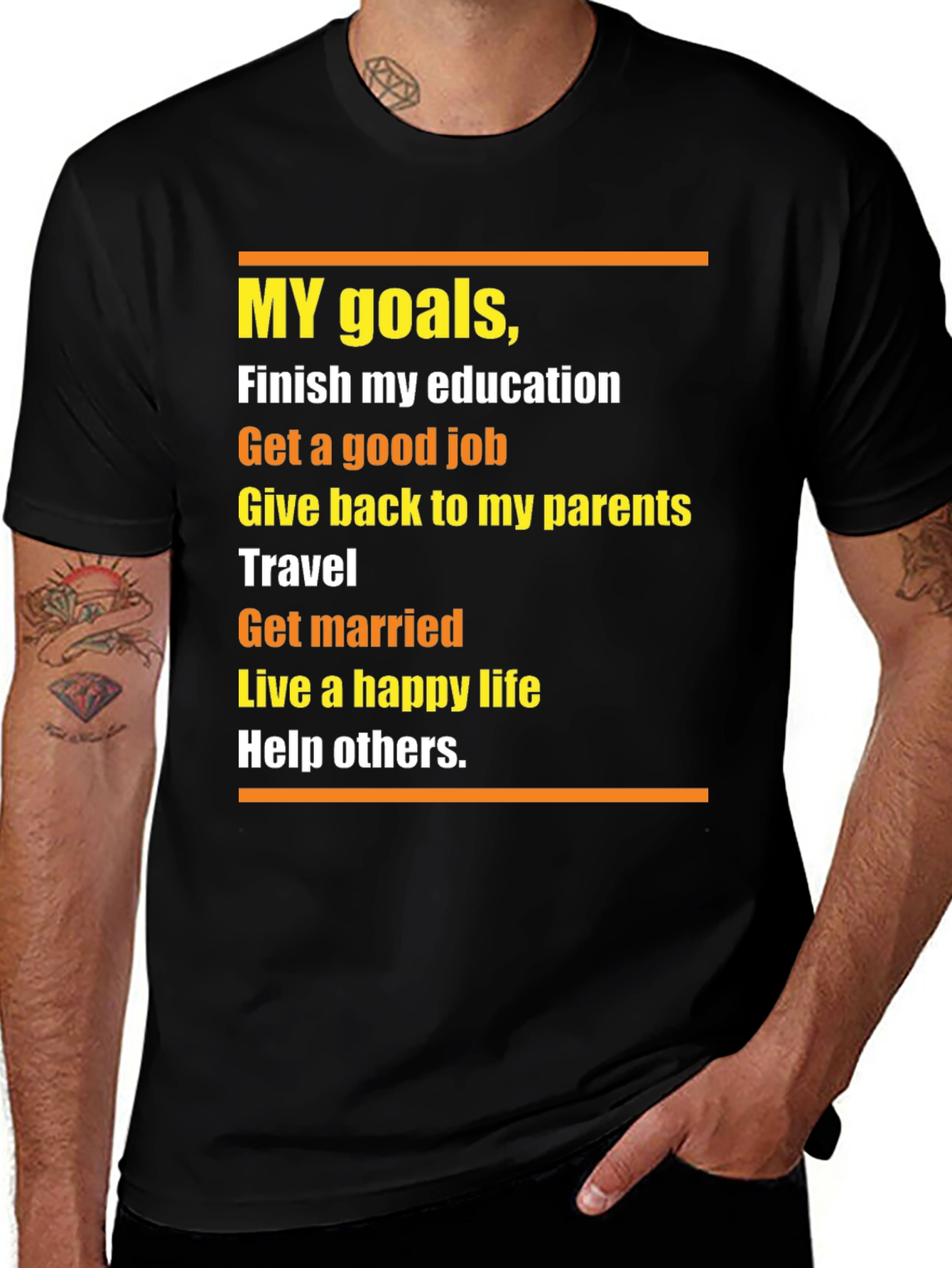 Variant 18 of Goals T-Shirt: Education, Job, Travel, Family, Happiness