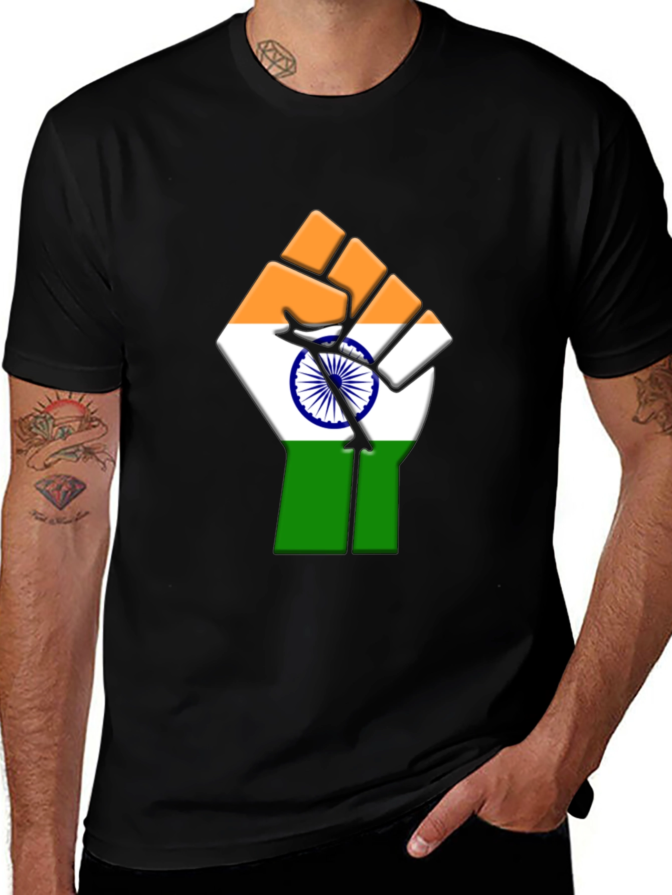 India Flag Fist Graphic Tee - Black Cotton T-Shirt
