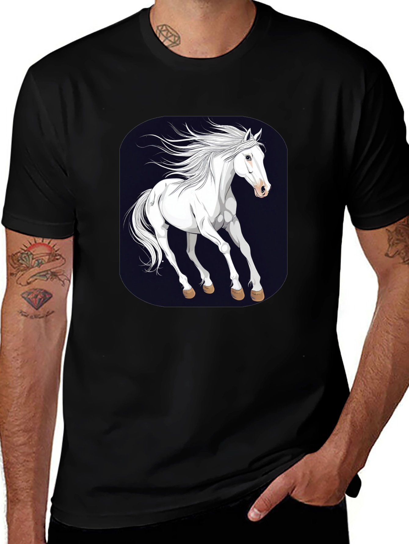 Variant 14 of Black Tee with White Horse Graphic