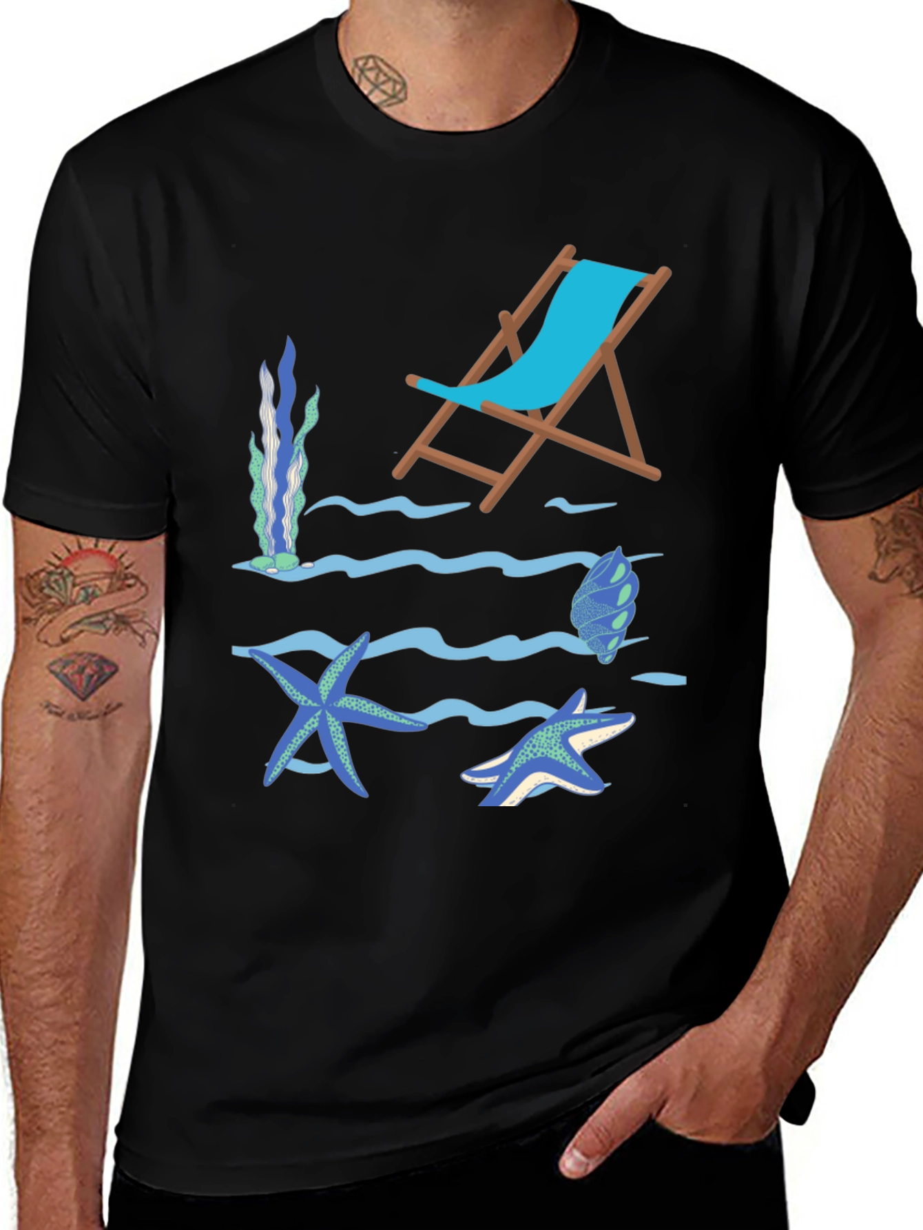Variant 20 of Beach Vibes Graphic Tee - Starfish and Deck Chair Design