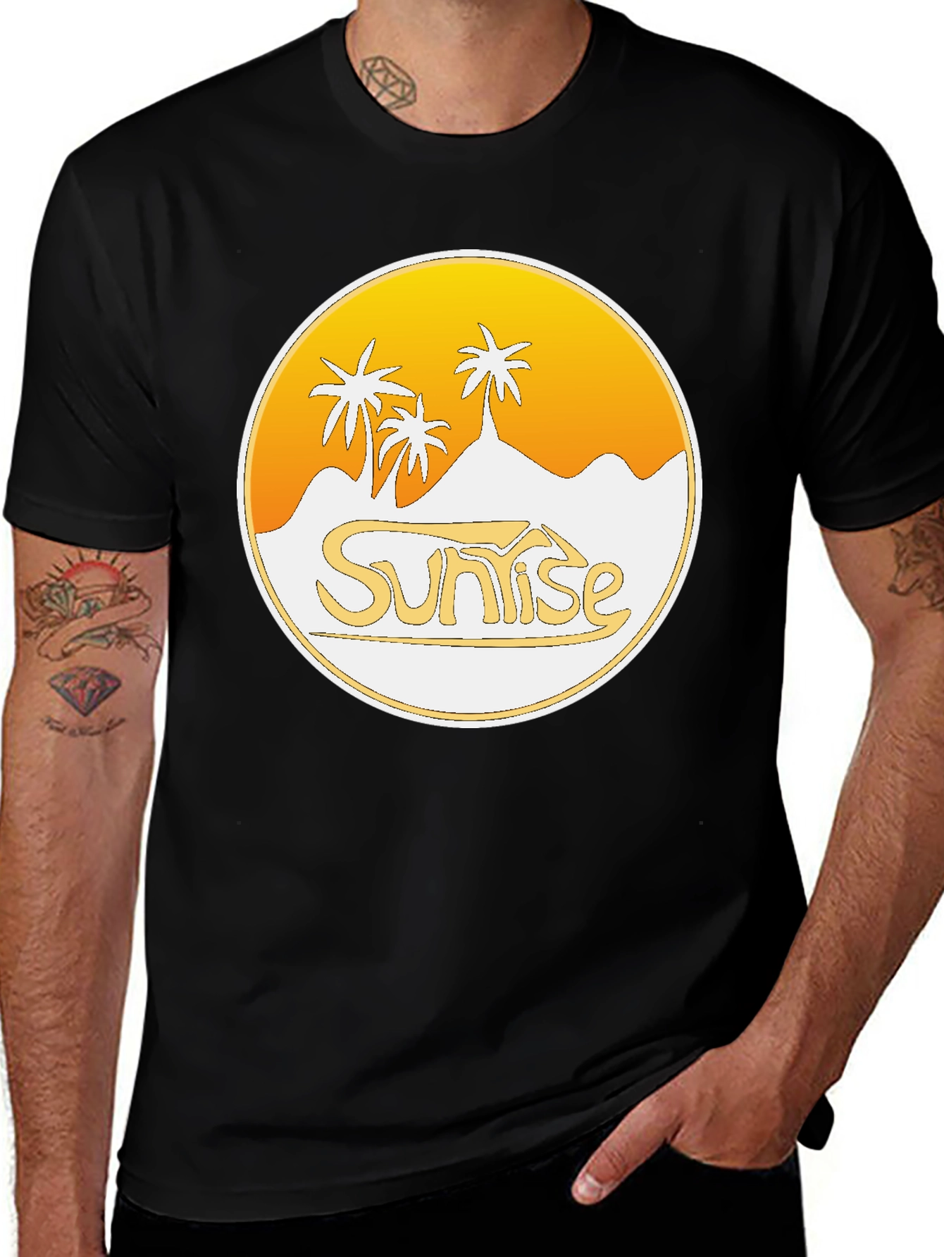 Variant 12 of Sunrise Palm Tree Graphic Black T-Shirt