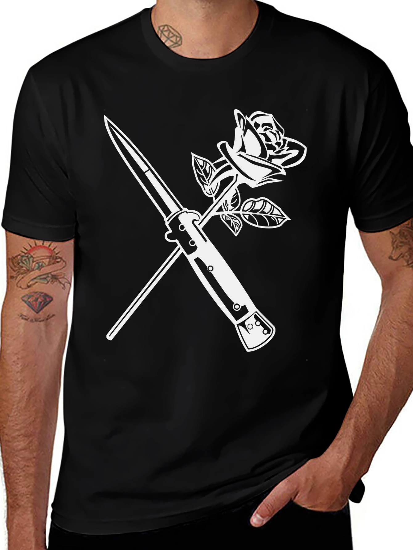 Variant 5 of Rose and Switchblade Graphic Tee - Men's Black T-Shirt