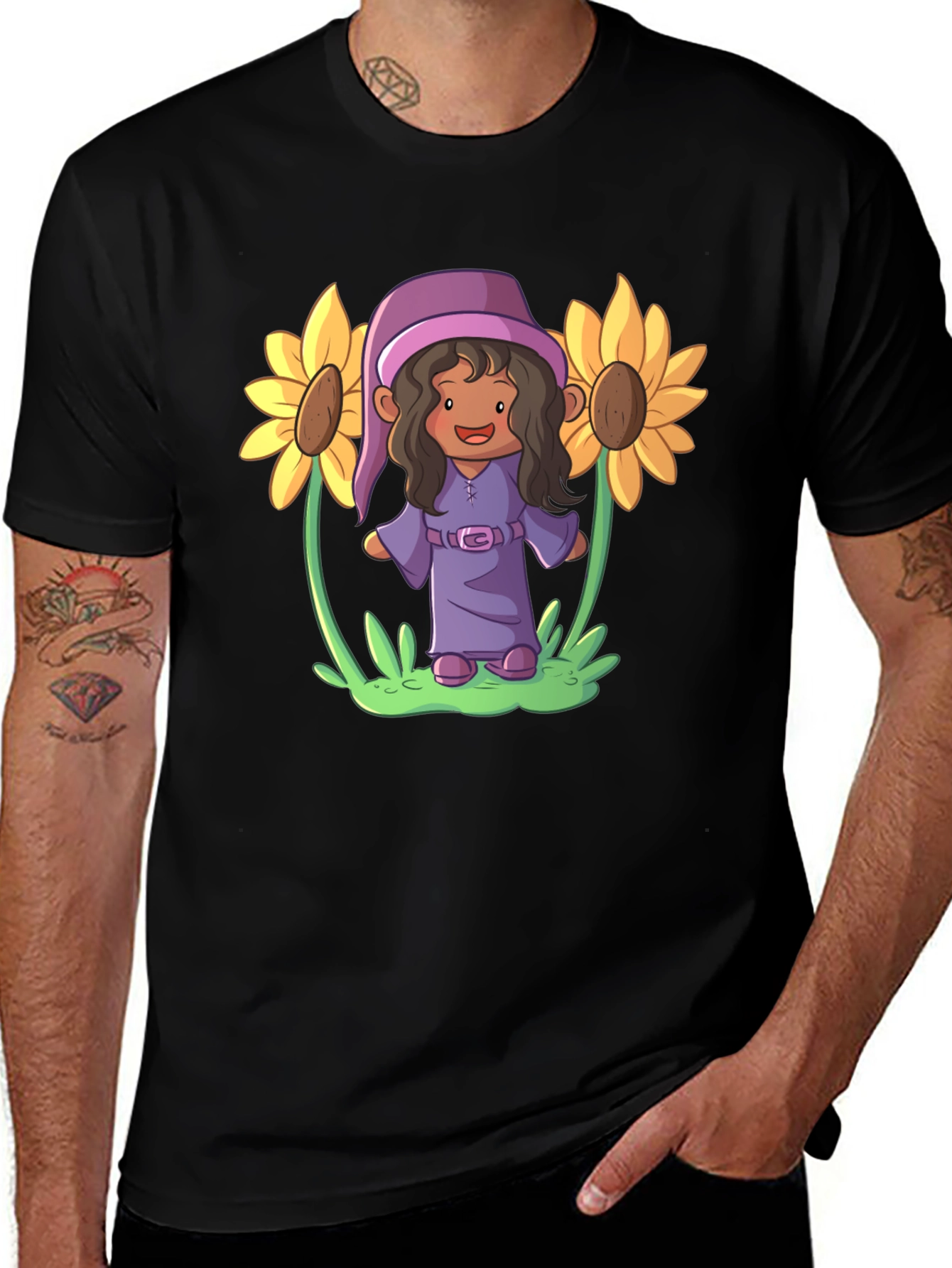 Variant 25 of Sunflower Gnome Graphic Tee - Black Cotton Blend