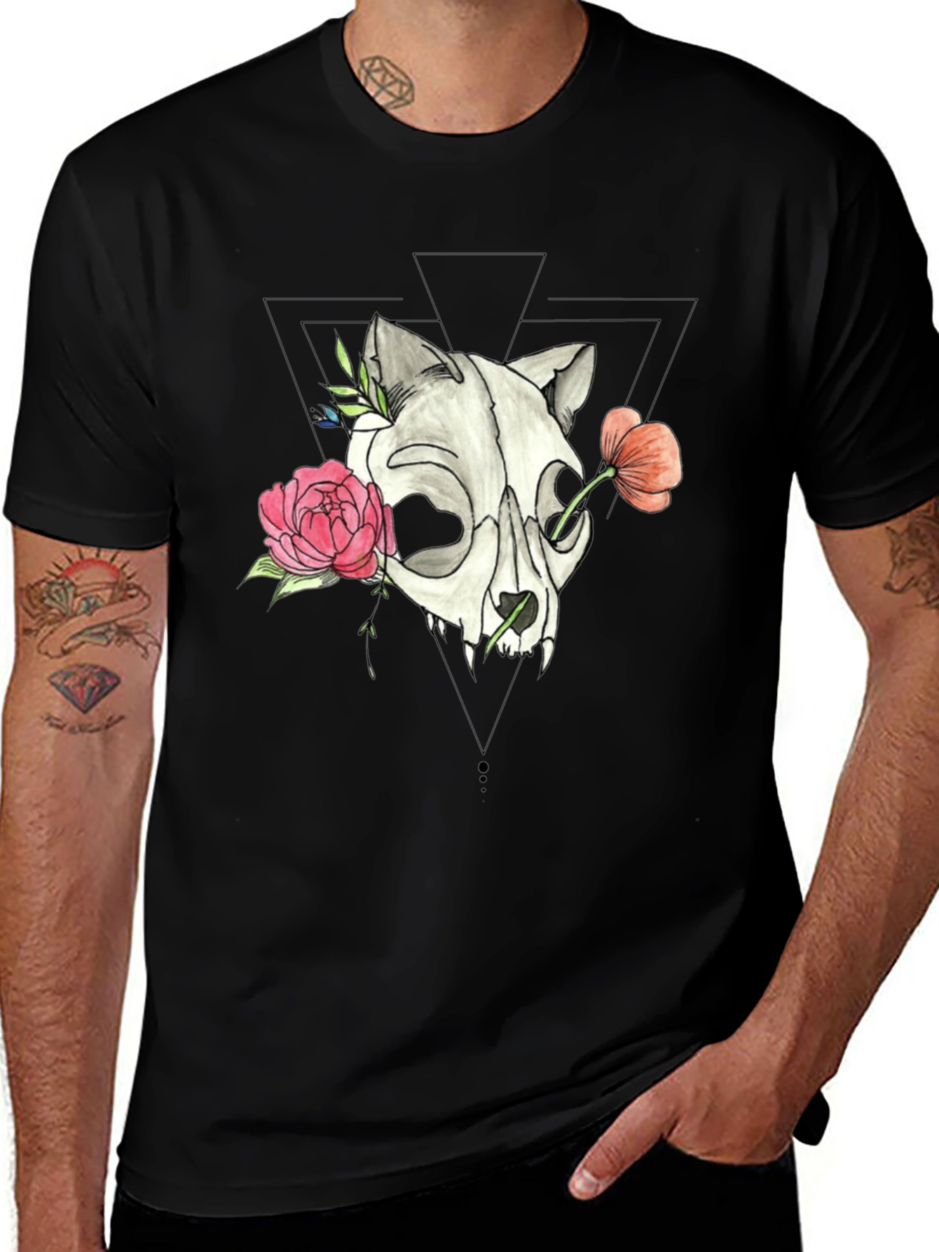 Variant 3 of Skull & Floral Print Black T-Shirt