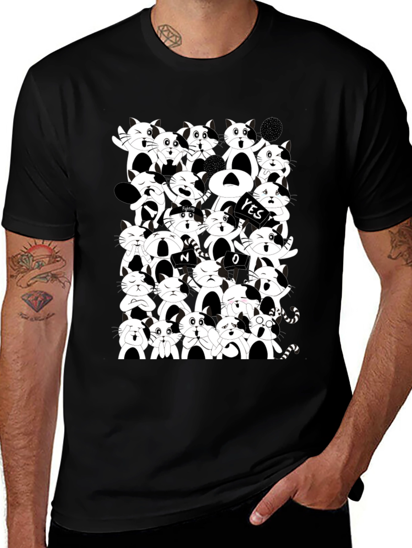 Variant 23 of Cartoon Cat Pile Up Black T-Shirt