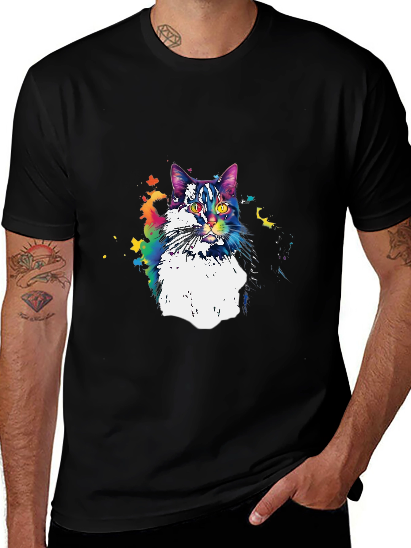 Variant 2 of Colorful Cat Graphic T-Shirt - Black