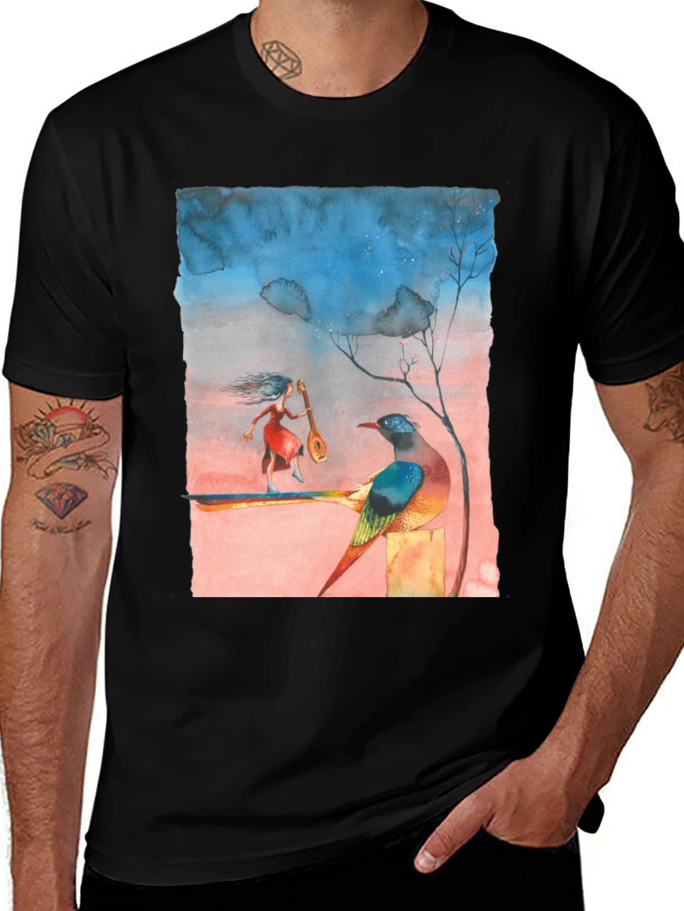 Variant 8 of Watercolor Bird and Musician Graphic Tee