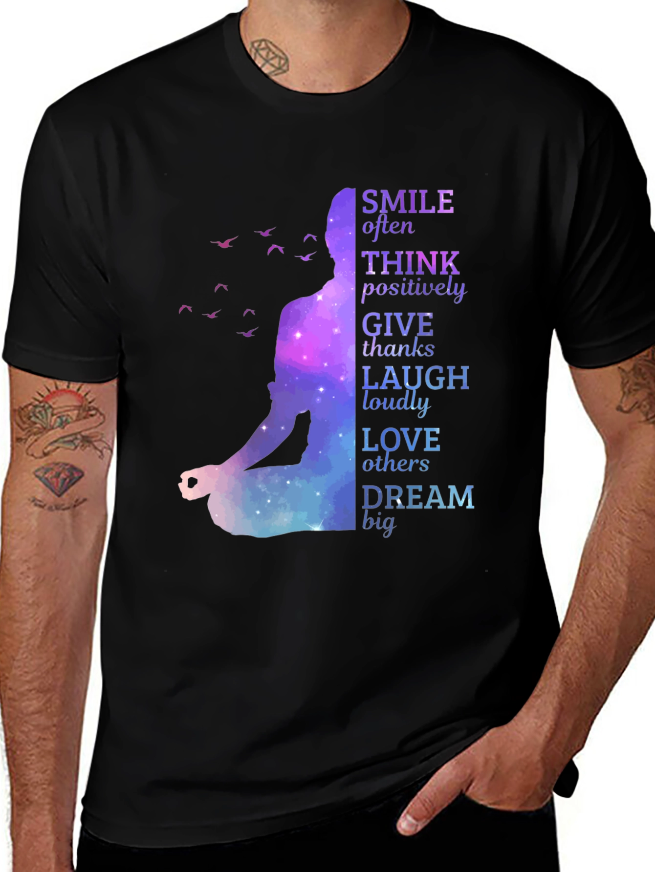 Variant 8 of Inspiring Meditation T-Shirt: Smile, Think, Give, Love, Dream