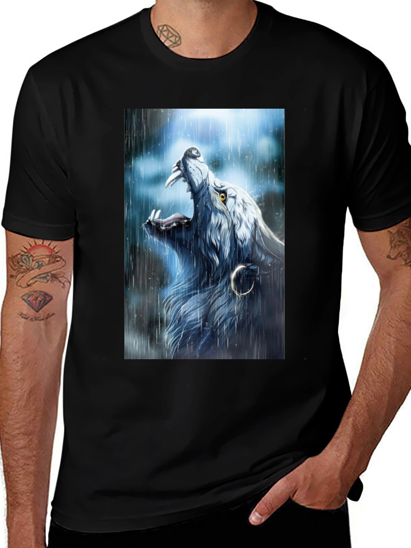 Variant 26 of Wolf Howling in Rain Graphic Black T-Shirt
