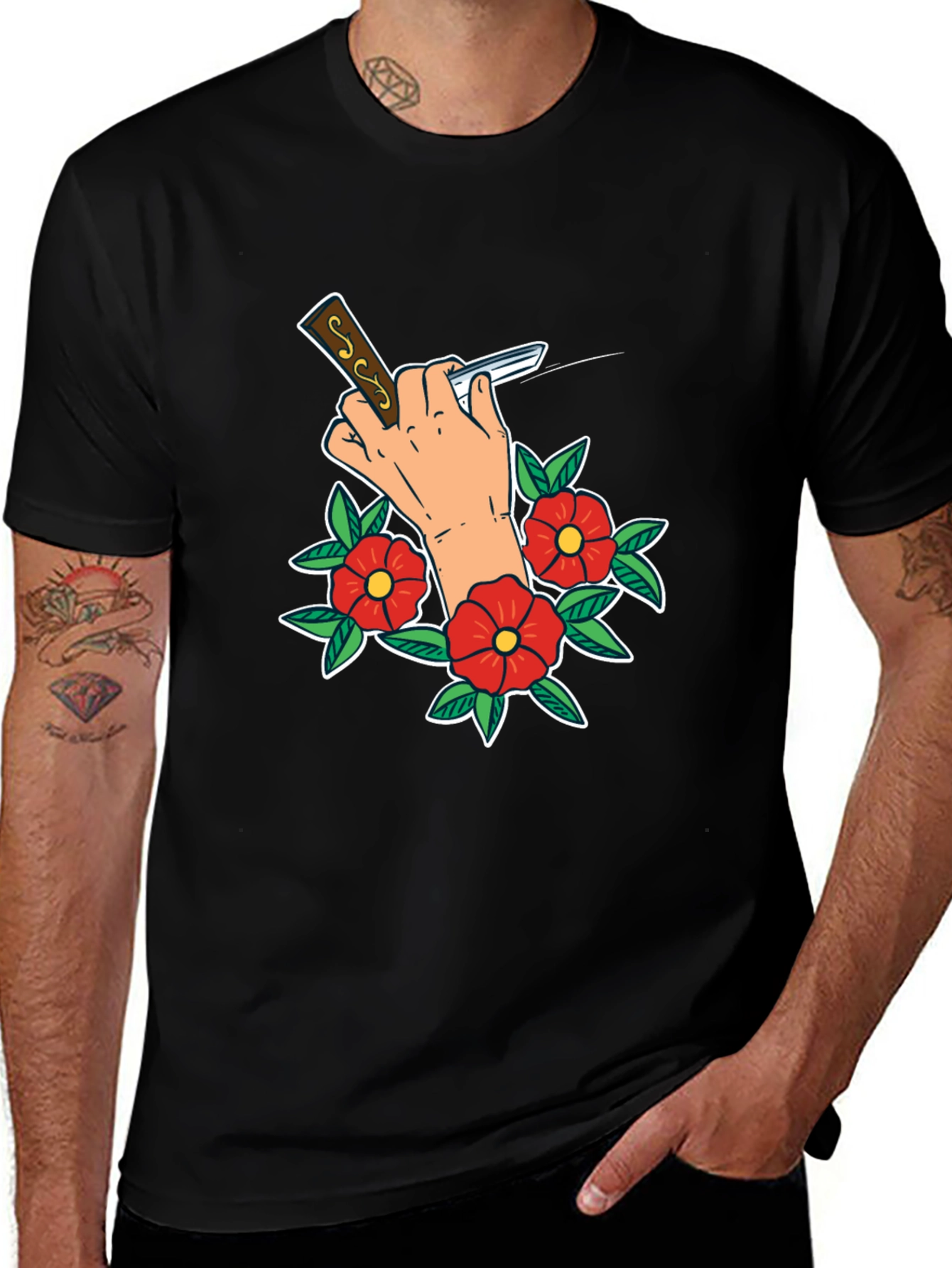Variant 17 of Hand Holding Razor and Flowers Graphic Tee