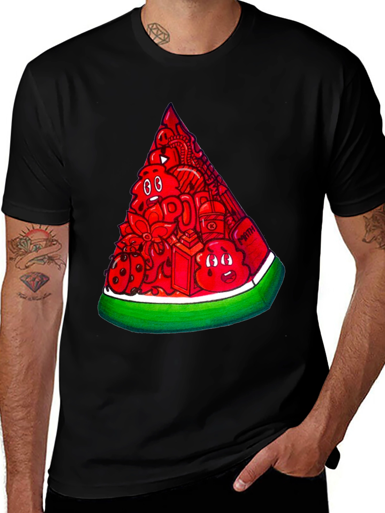 Variant 20 of Men's Black Tee with Watermelon Doodle Design